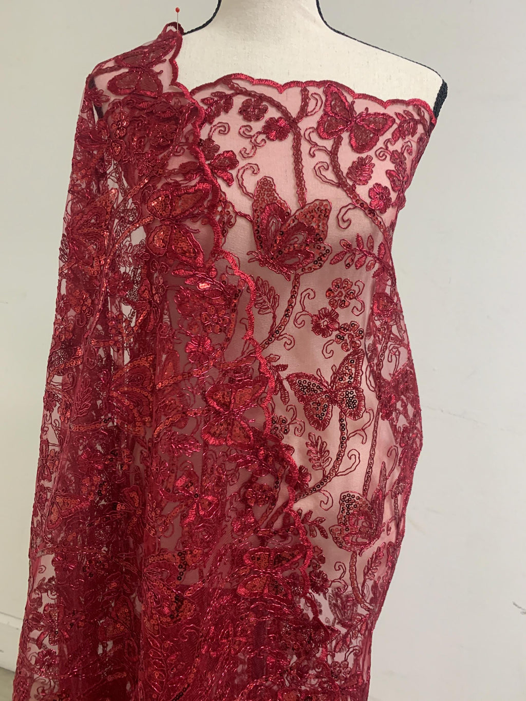 3 Yards Burgundy Lace fabric design Butterfly double scalloped sequins embroidery width 49/50".100% polyester.