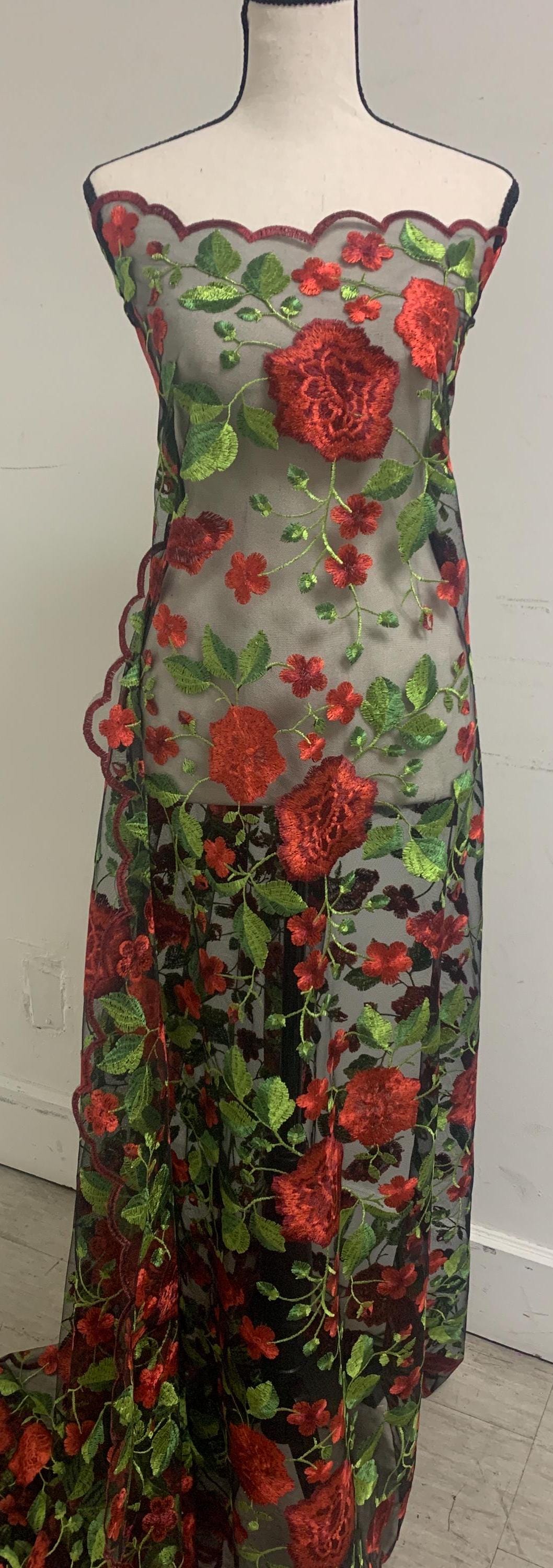 Floral Embroidery Mesh Lace, width 49/50" red rose embroidery on black mesh fabric, Sells in 1-yard increments, continuous.