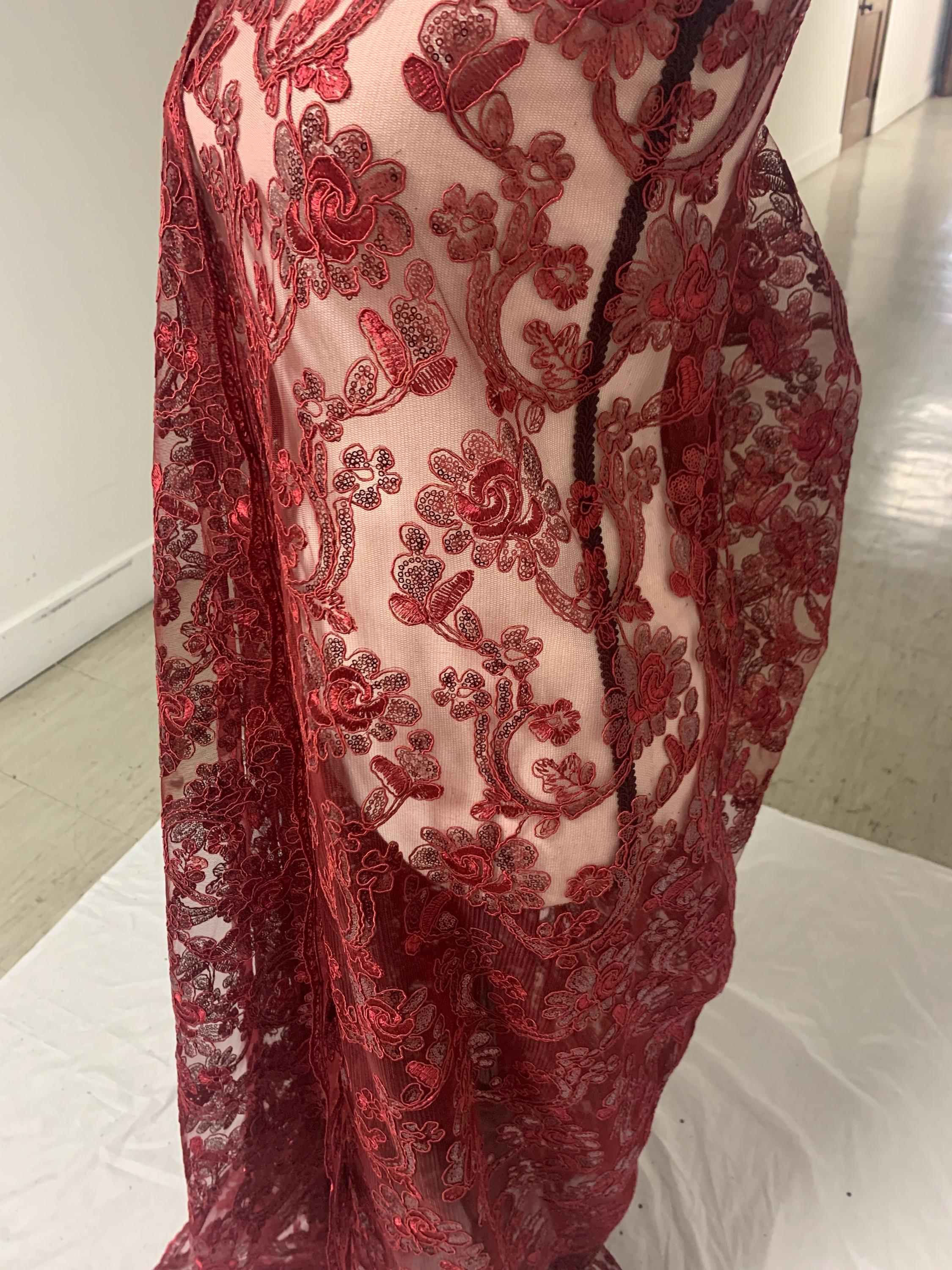3-yard Burgundy-colored lace fabric design named Angela, sequins and intricate embroidery with double scalloped edges. Width 49/50"