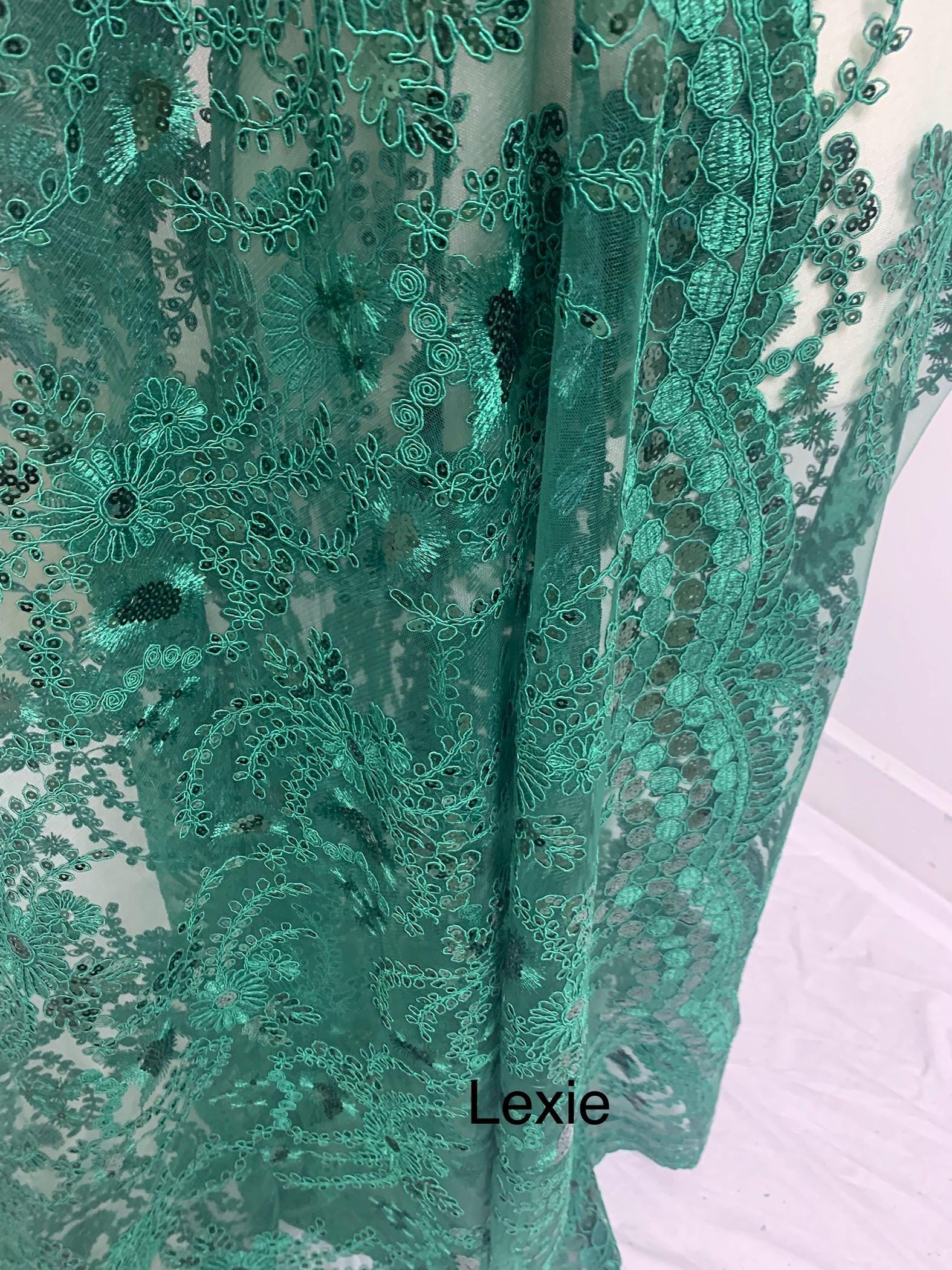 Hunter green lace fabrics design Lexie, Sequins embroidery double scalloped fabric width 50 inches