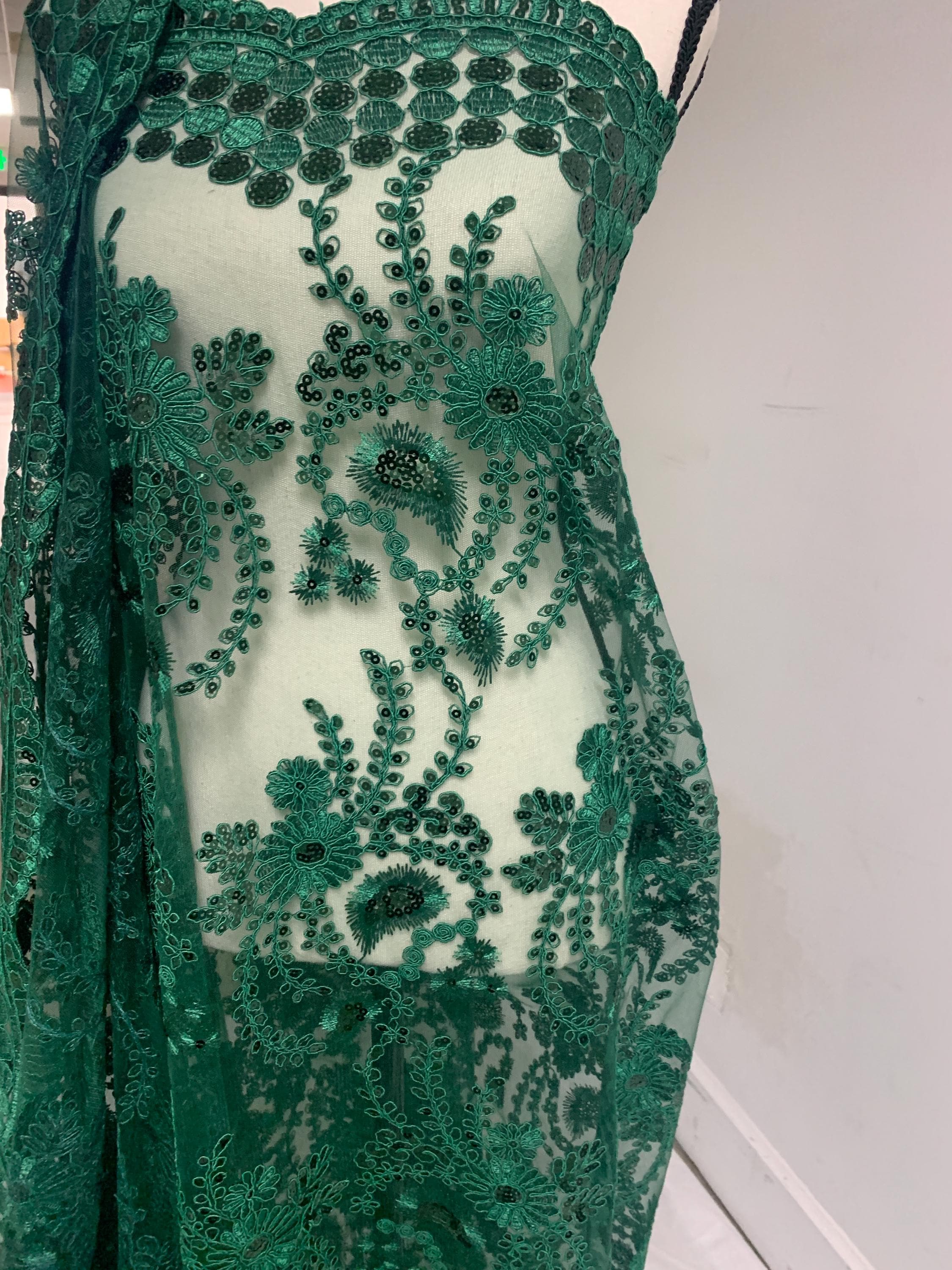 Hunter green lace fabrics design Lexie, Sequins embroidery double scalloped fabric width 50 inches