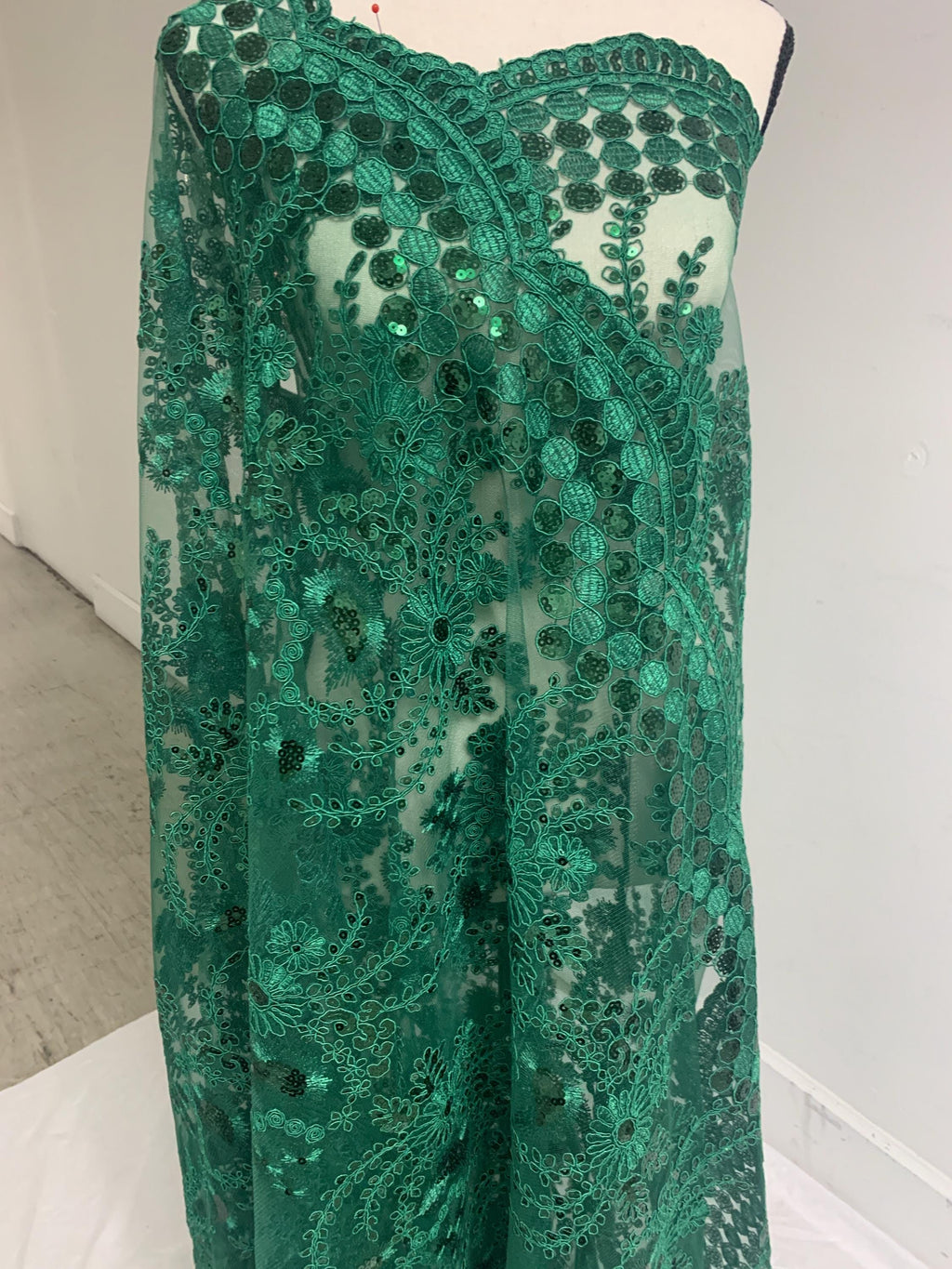 Hunter green lace fabrics design Lexie, Sequins embroidery double scalloped fabric width 50 inches