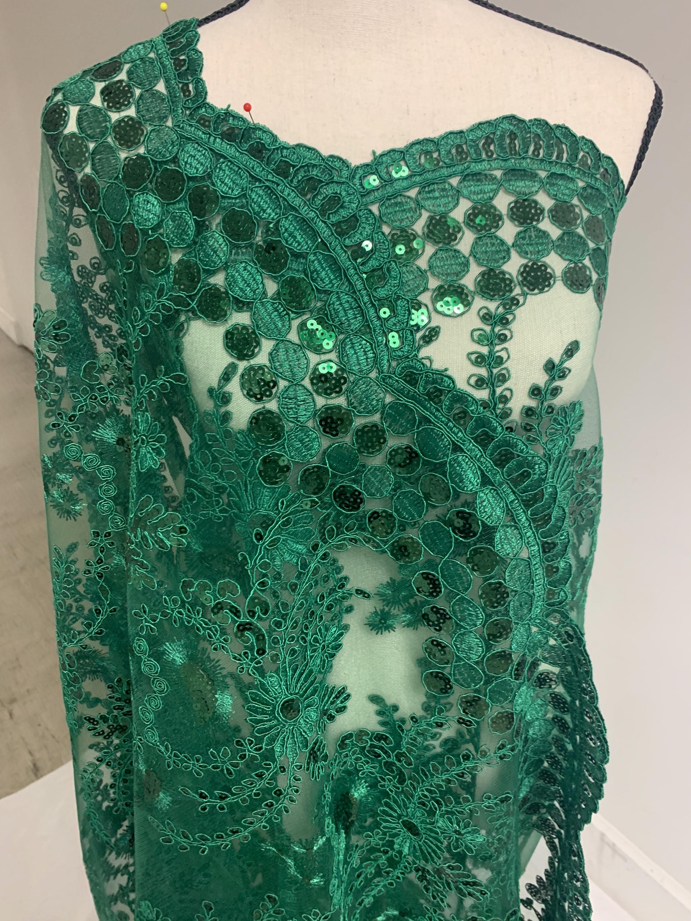 Hunter green lace fabrics design Lexie, Sequins embroidery double scalloped fabric width 50 inches