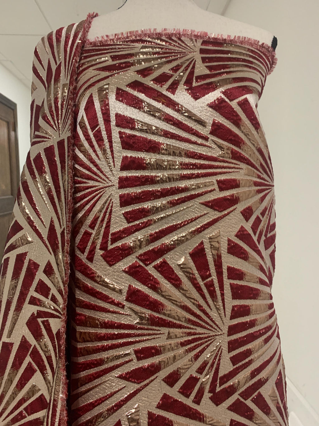 5 yards Red brocade metalic fabric. color Red 56" design J3568