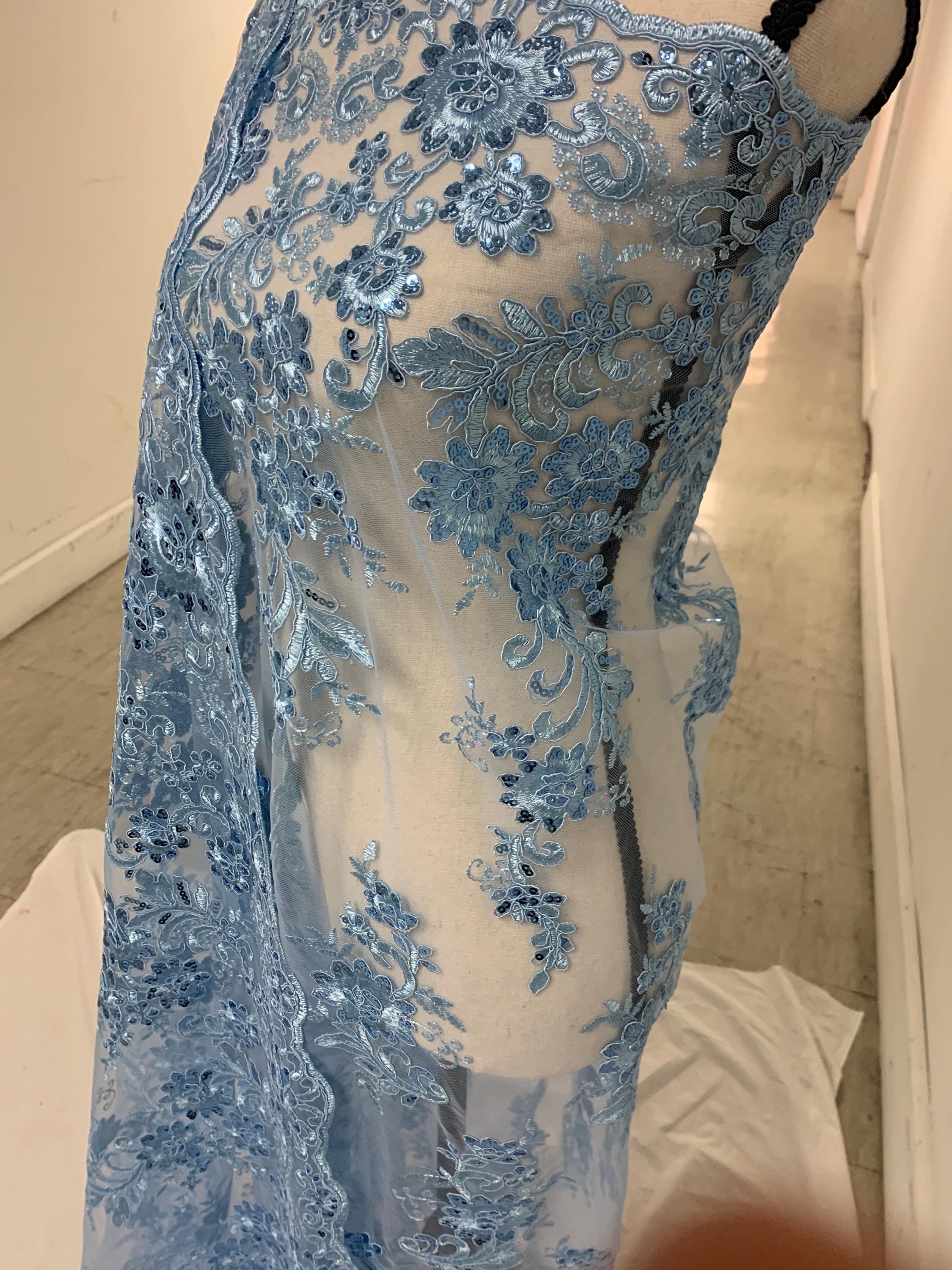 Lace fabric Lt. Blue Double scalloped sequence embroidered width 49/50". condition New. Design Eu 230325 016.