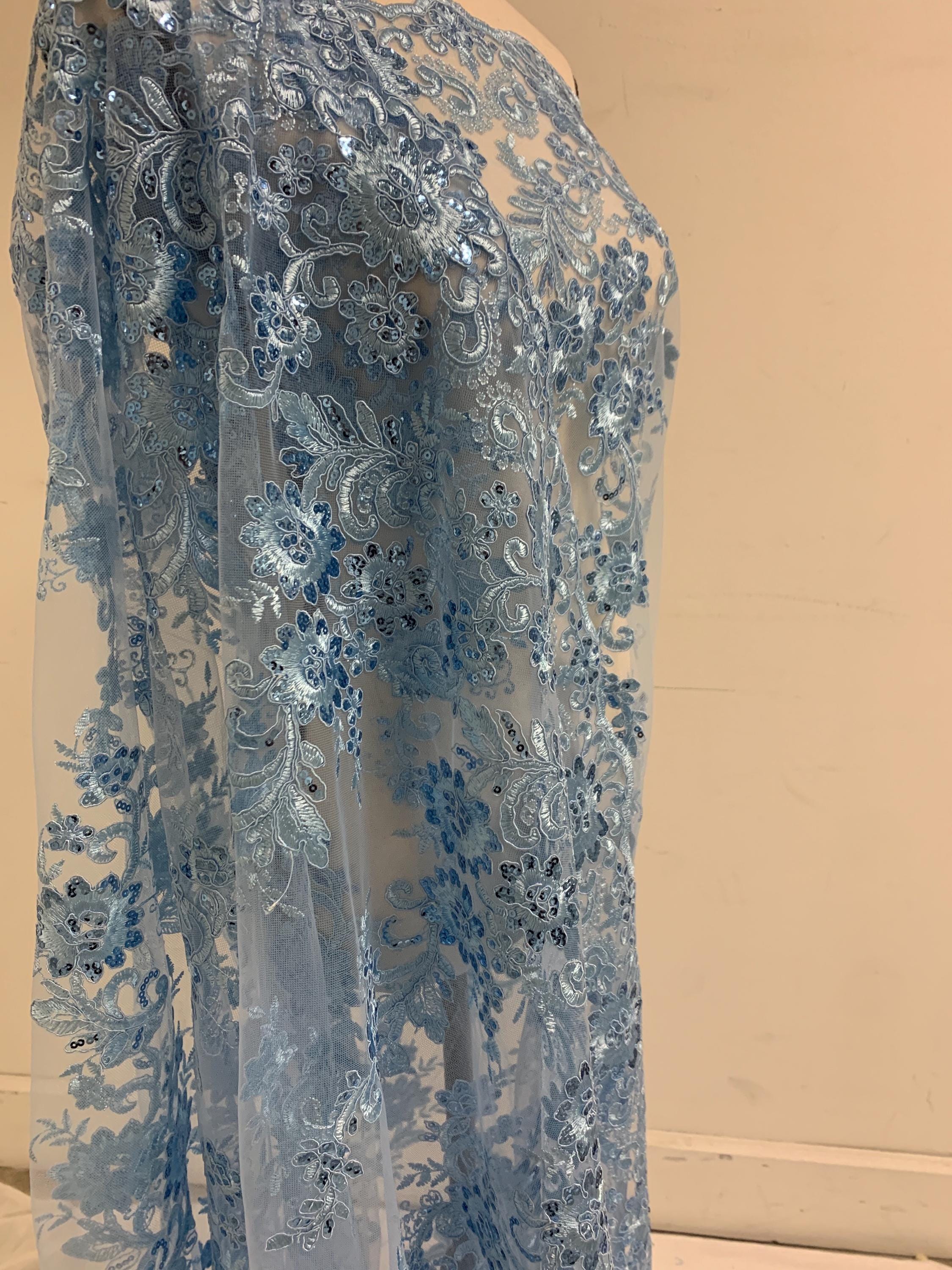 Lace fabric Lt. Blue Double scalloped sequence embroidered width 49/50". condition New. Design Eu 230325 016.