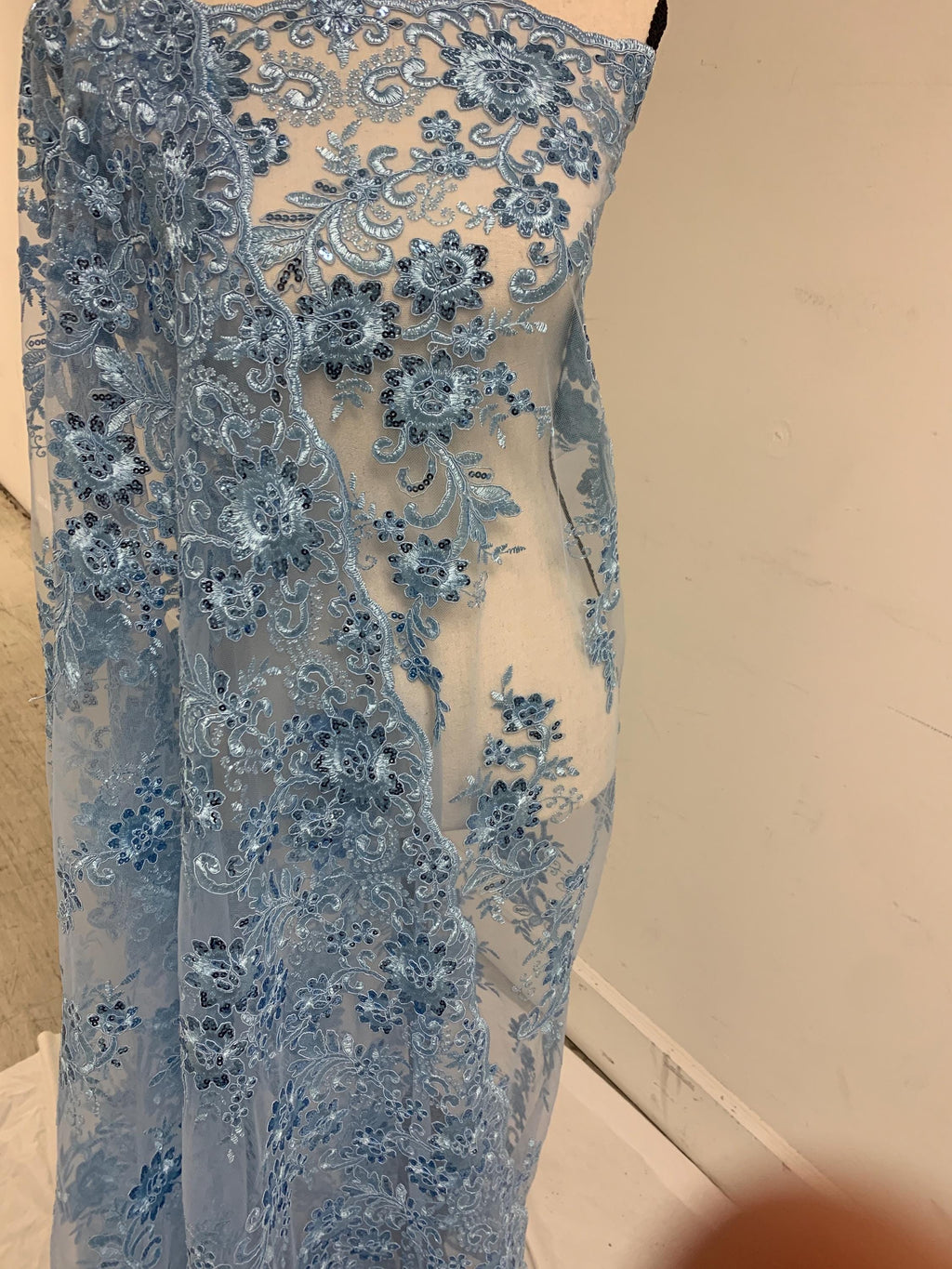 Lace fabric Lt. Blue Double scalloped sequence embroidered width 49/50". condition New. Design Eu 230325 016.