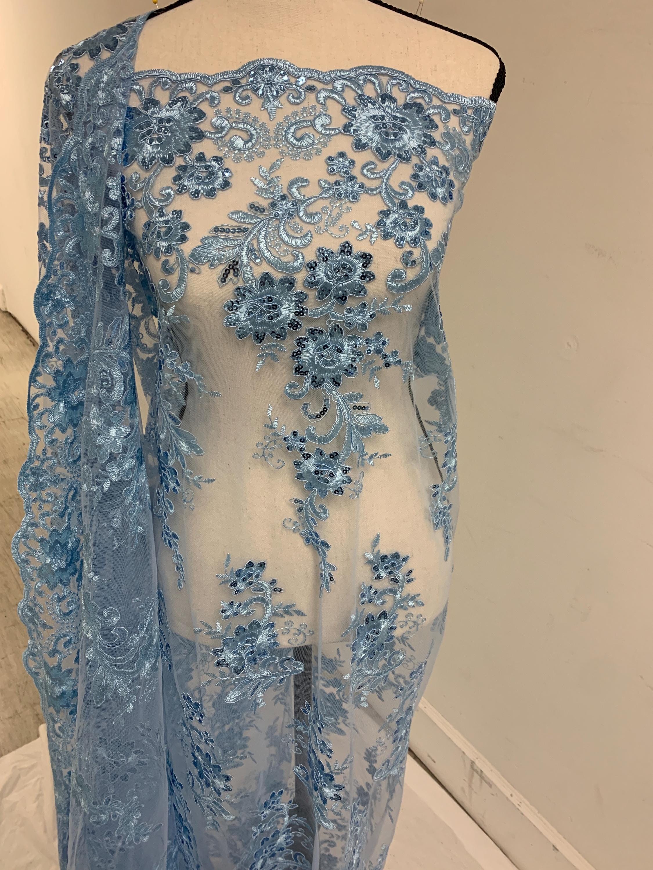 Lace fabric Lt. Blue Double scalloped sequence embroidered width 49/50". condition New. Design Eu 230325 016.