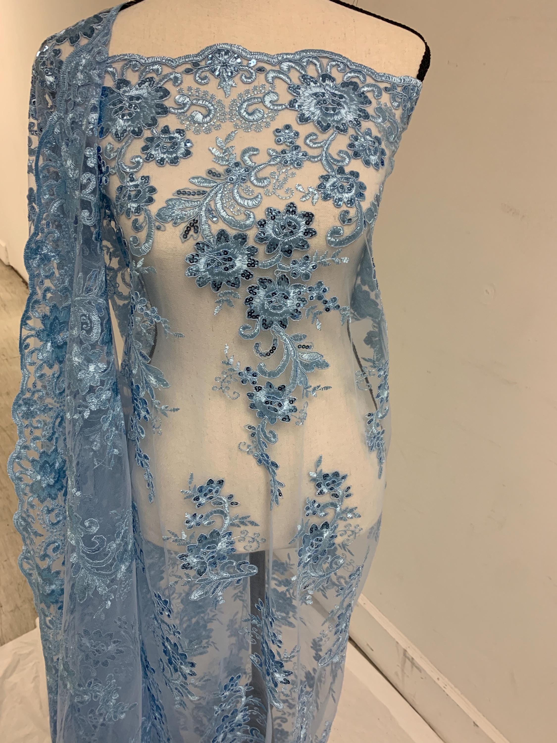 Lace fabric Lt. Blue Double scalloped sequence embroidered width 49/50". condition New. Design Eu 230325 016.