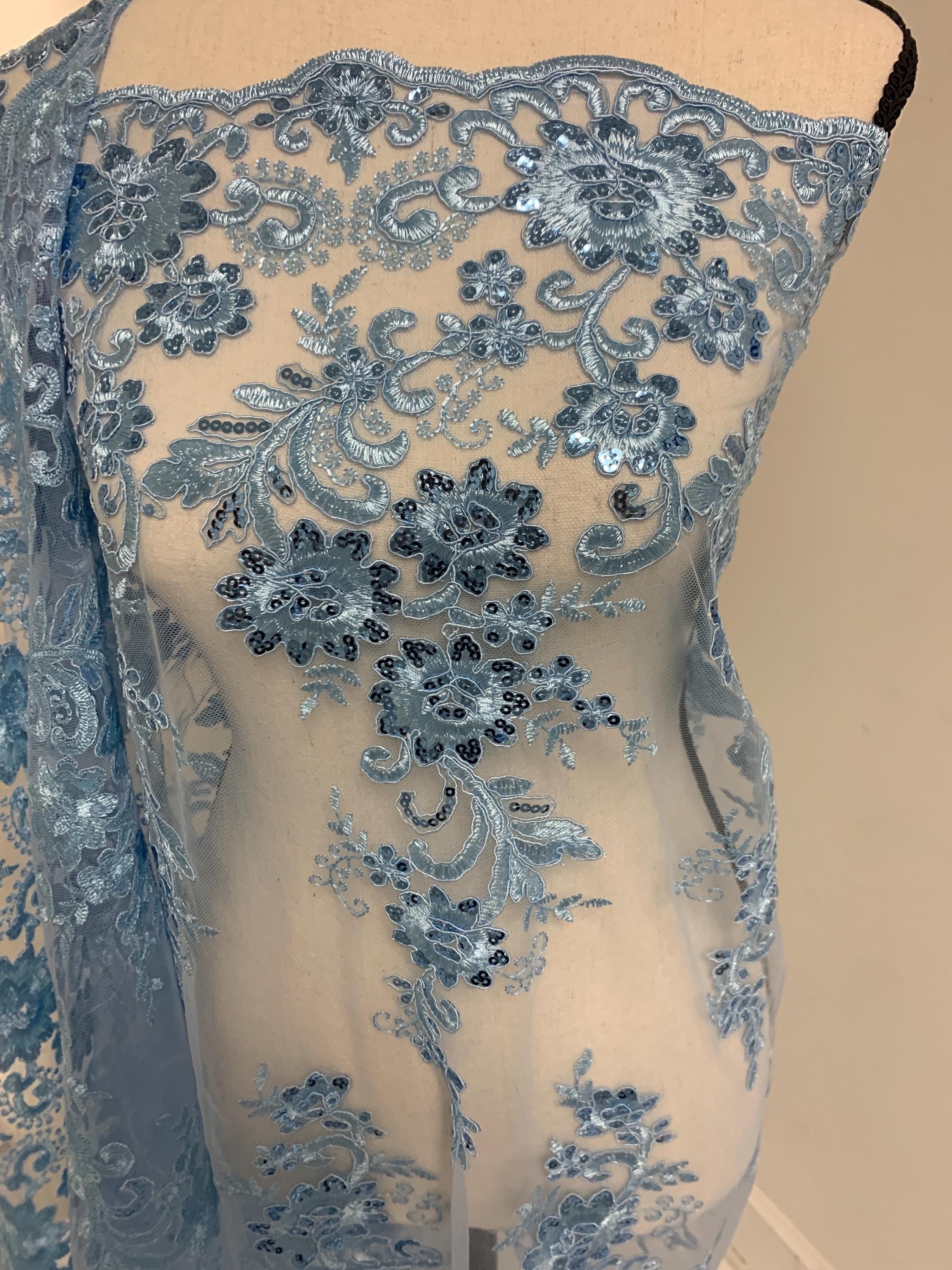 Lace fabric Lt. Blue Double scalloped sequence embroidered width 49/50". condition New. Design Eu 230325 016.