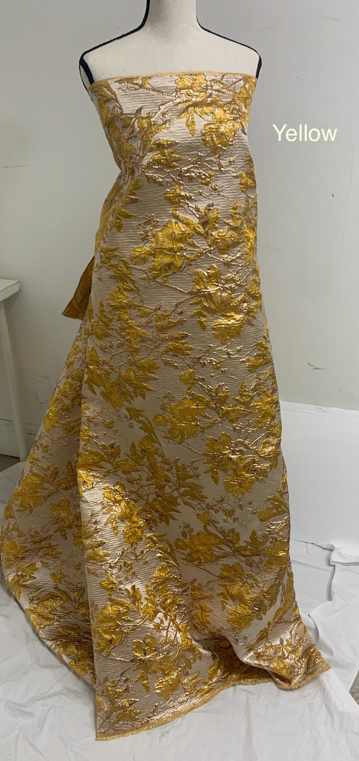 5 yards floral metalic Brocade fabric color yellow/gold, width 56". known as Brocade fabric, satin jacquard, Damask, Decorative fabric,
