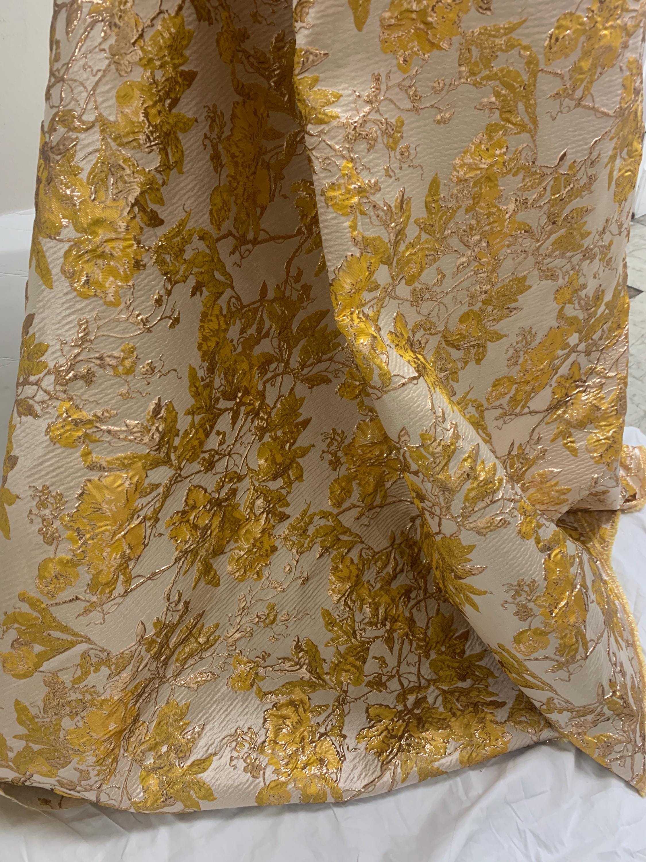 5 yards floral metalic Brocade fabric color yellow/gold, width 56". known as Brocade fabric, satin jacquard, Damask, Decorative fabric,