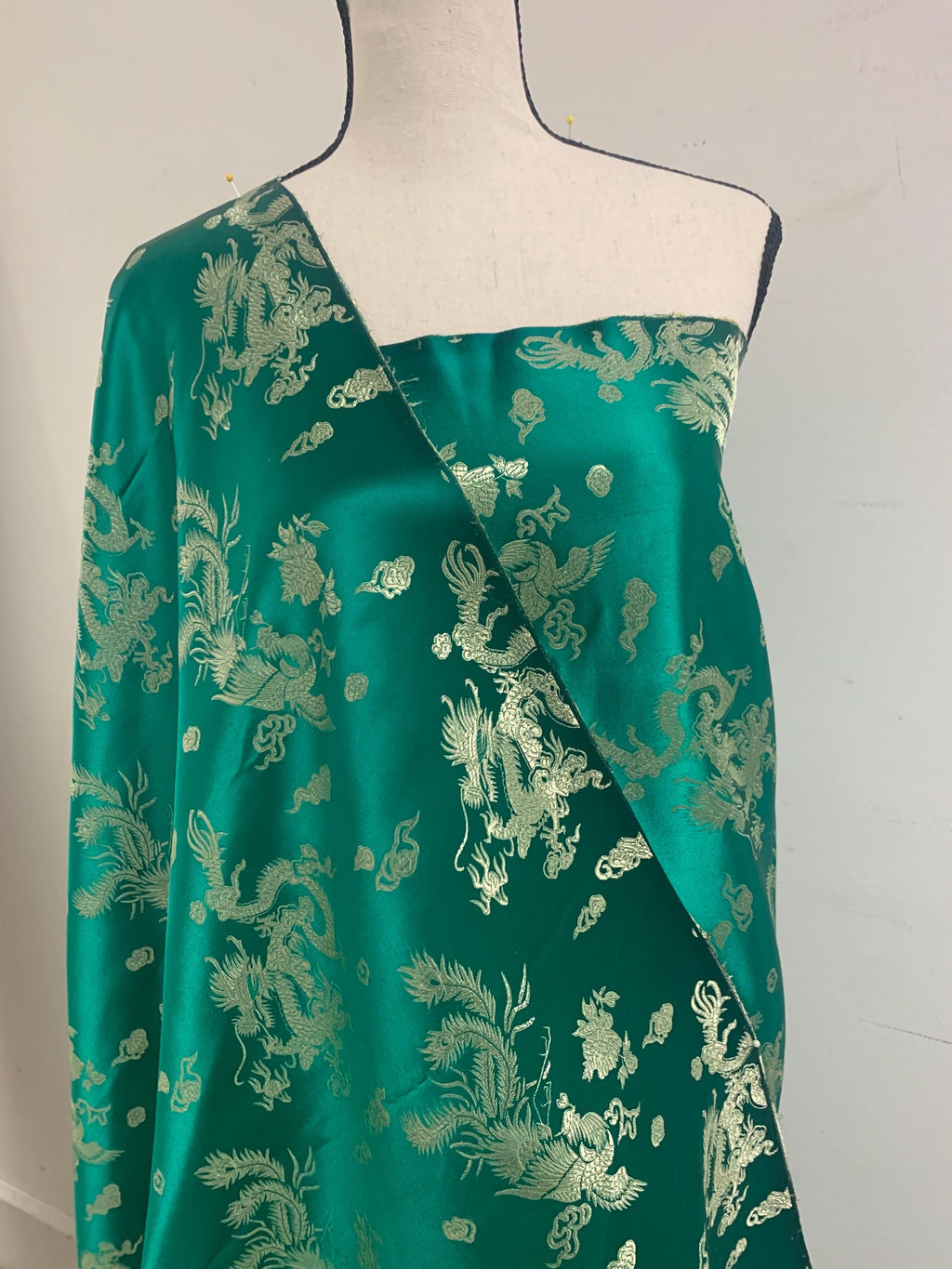 Chinese Brocade Fabric, small dragon design color emerald green , 54/56" wise sell by 1 yard increment.