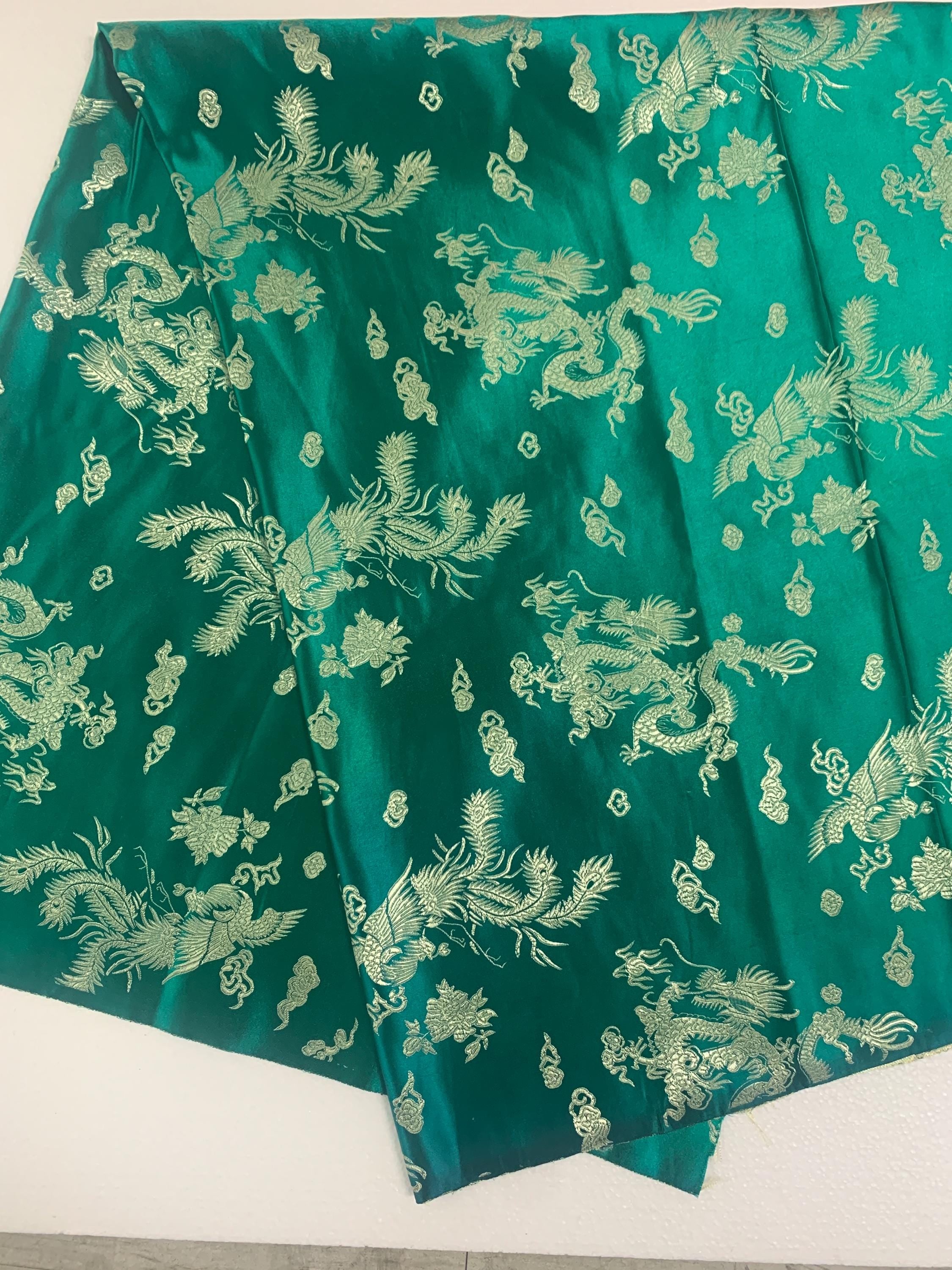 Chinese Brocade Fabric, small dragon design color emerald green , 54/56" wise sell by 1 yard increment.