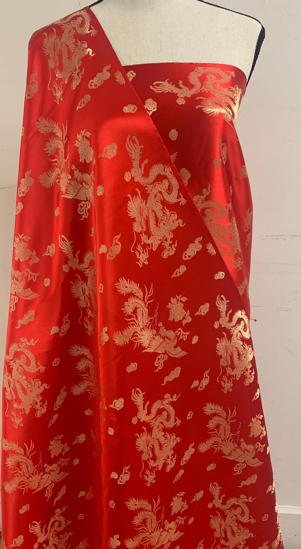 Chinese Brocade Fabric, small dragon design color RED, 54/56" wise sell by 1 yard increment.