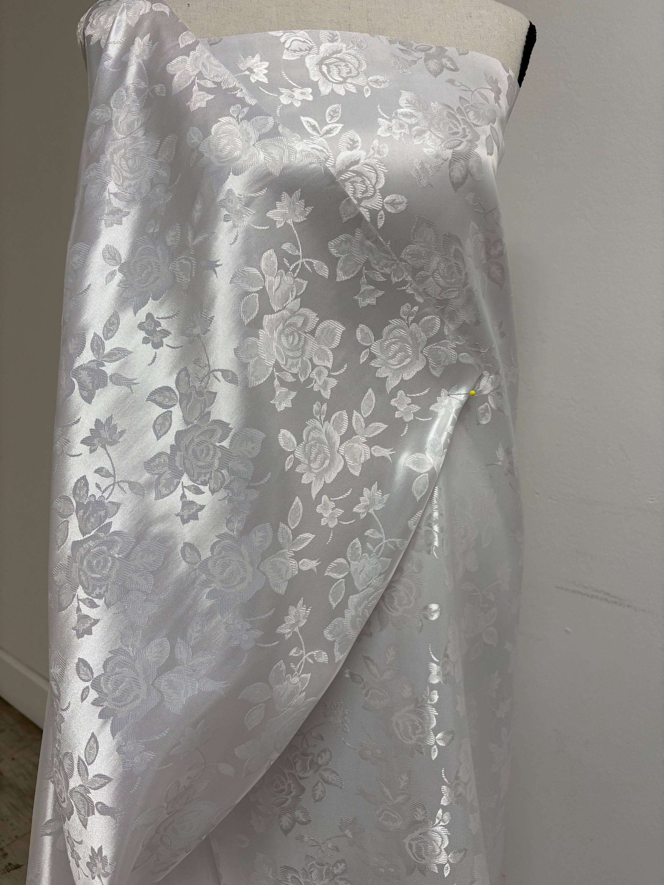 A 2 yards White Satin Jacquard fabric 100% poly color white 58" width Polyester Fabric. sell by 2 yards increment continues. free sample
