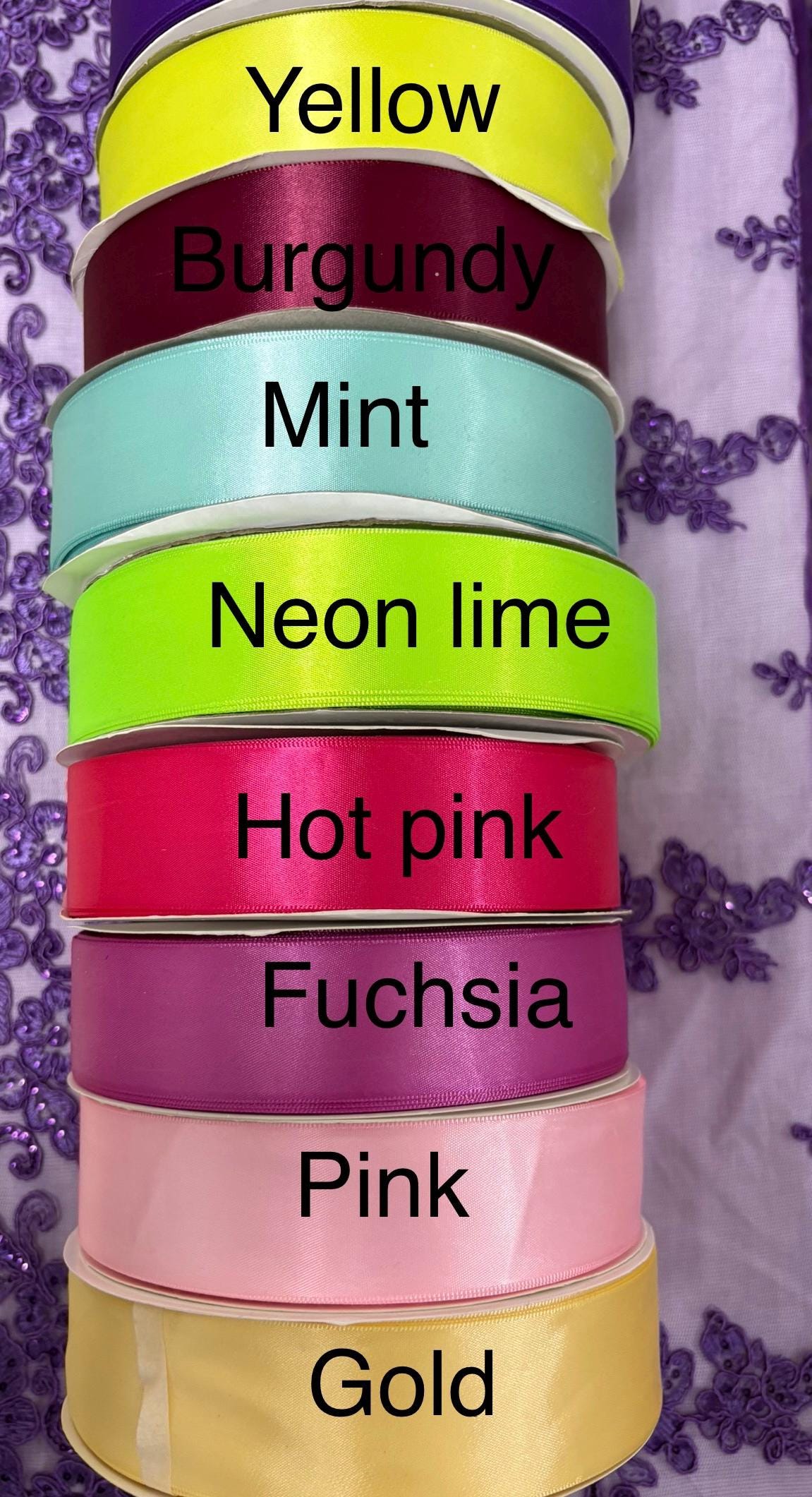 Roll of 100 yards Ribbon satin size 1.5 inch in 19 solid colors.