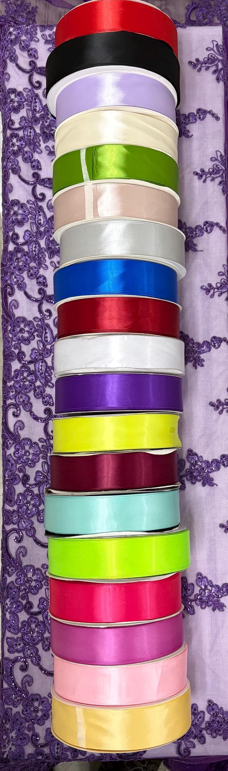 Roll of 100 yards Ribbon satin size 1.5 inch in 19 solid colors.