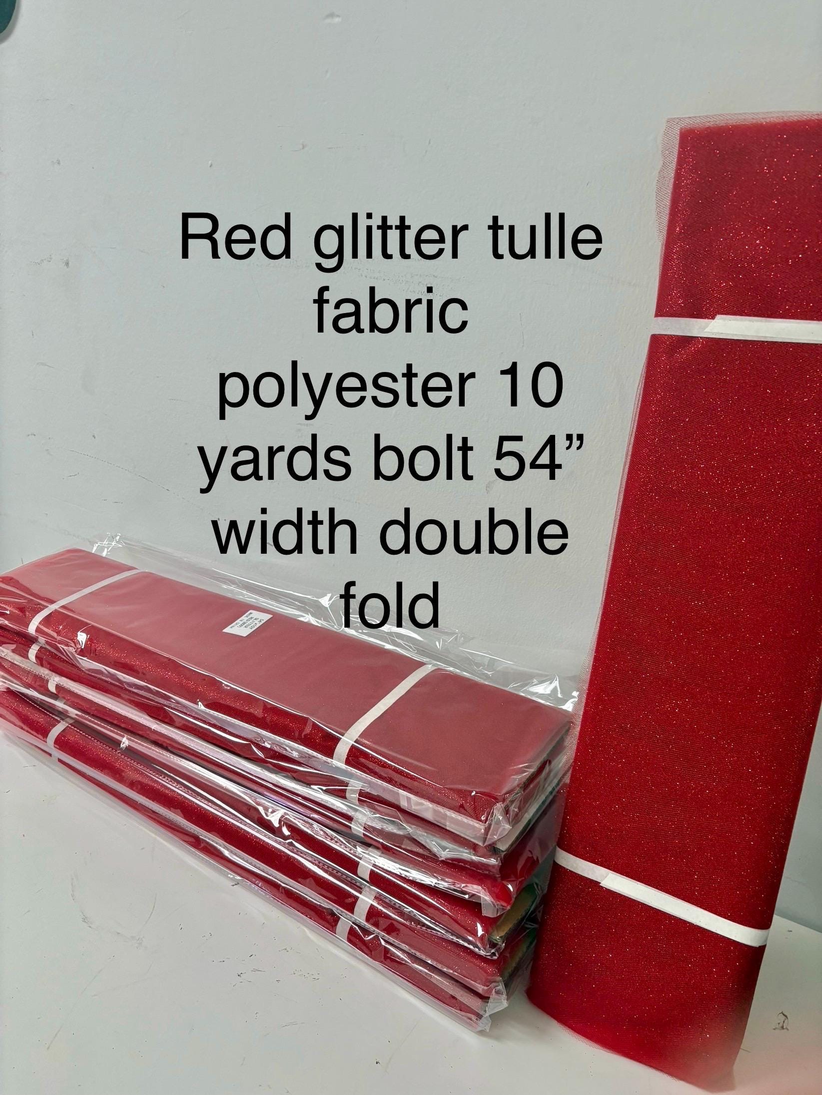 Red tulle with gliter 10 yards bolt, 54 inch width double fold, polyester.