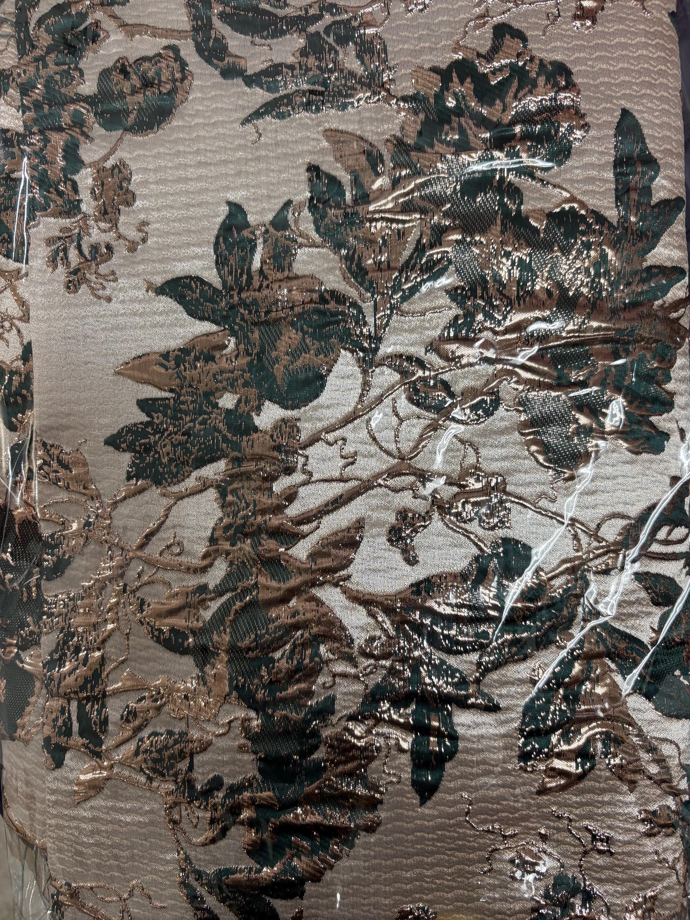 A 3 yards floral metalic Brocade fabric. color Hunter Green 56"