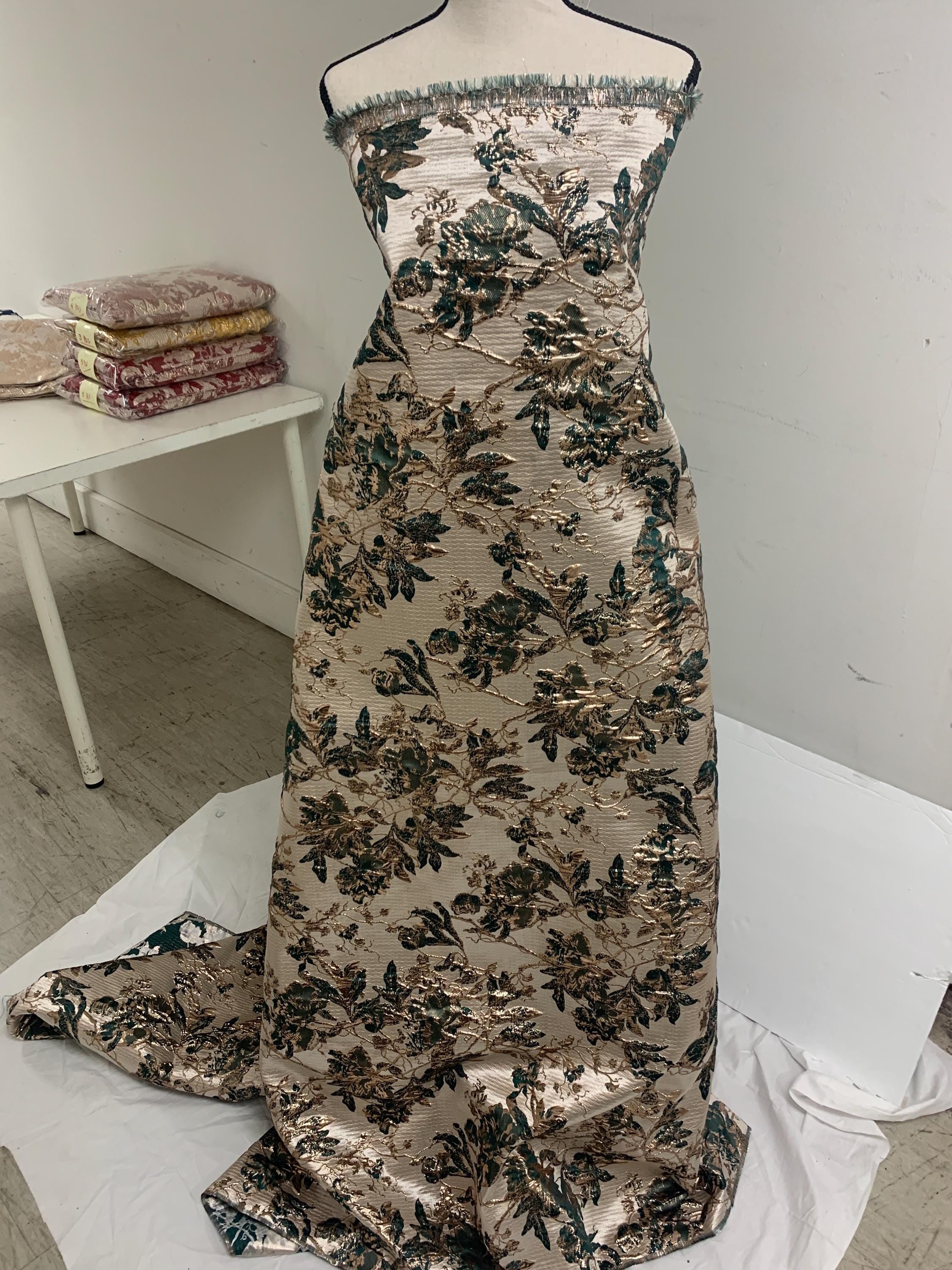 A 3 yards floral metalic Brocade fabric. color Hunter Green 56"