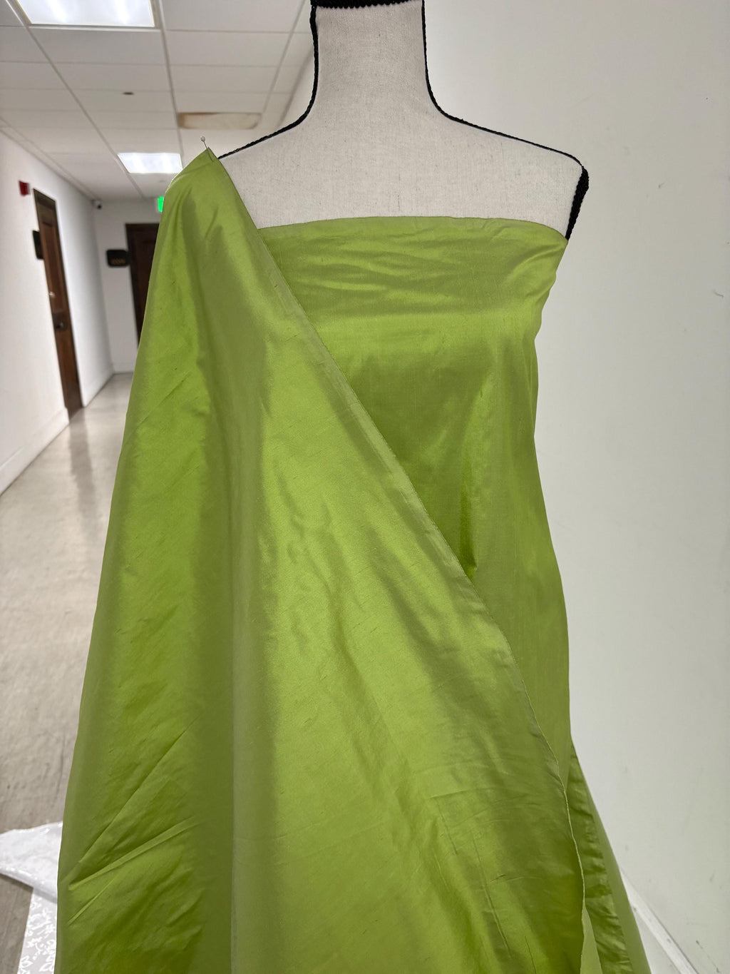 100% silk Dupioni Taffeta width 54" color lime sage. Machine made, fabric has slubbed. more information in description.