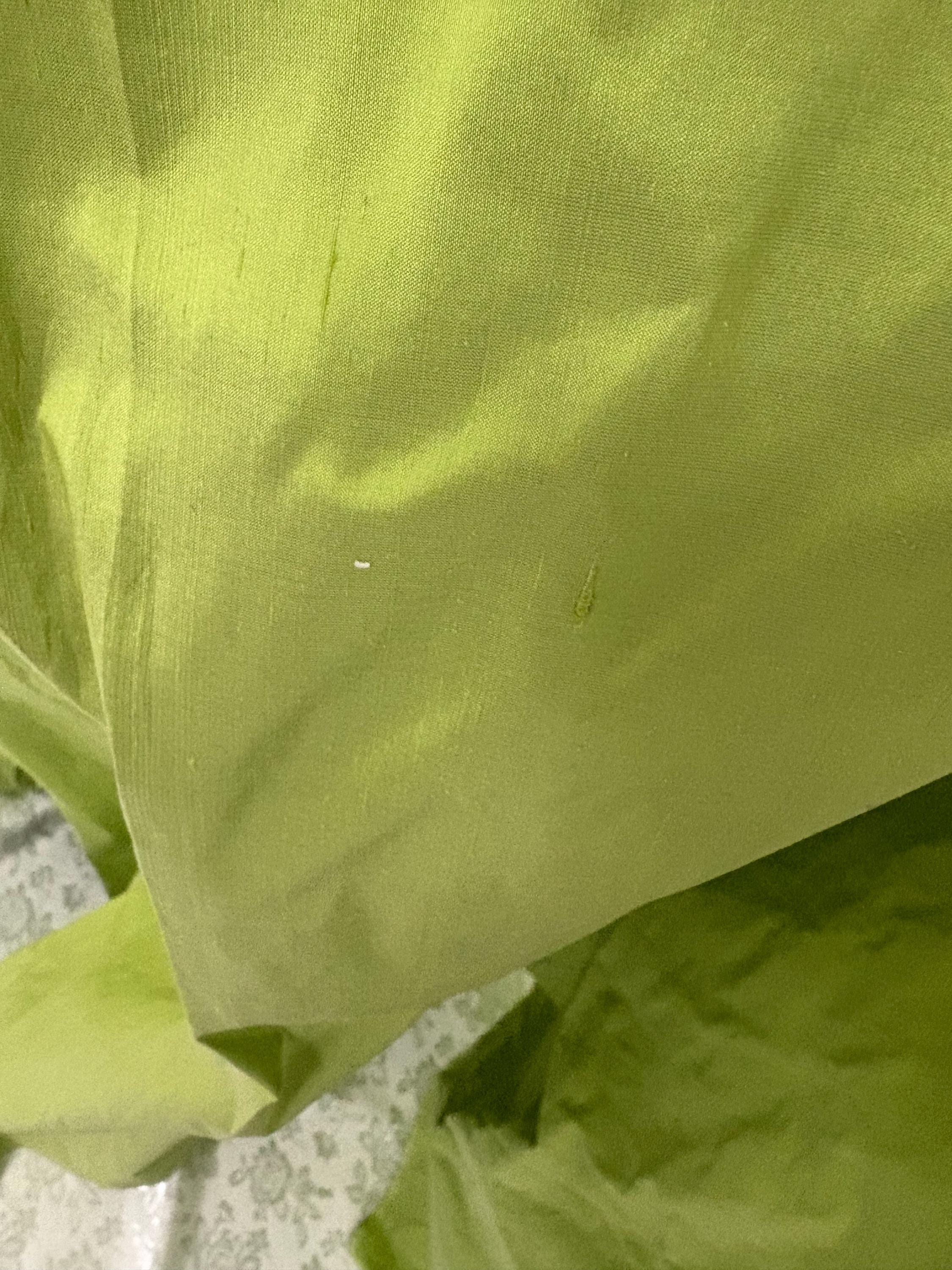 100% silk Dupioni Taffeta width 54" color lime sage. Machine made, fabric has slubbed. sell by 1 yard increment continuous. item # 1