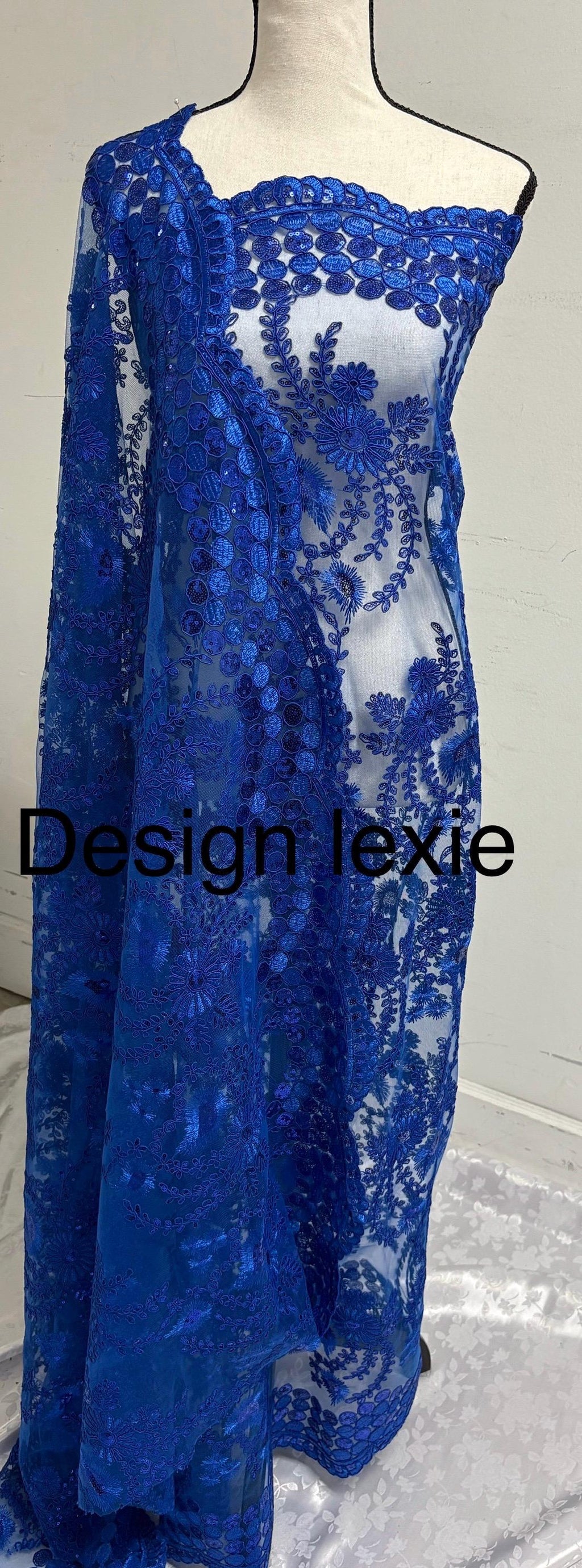 A cut 3-yard Royal color lace fabric design Lexie, Double scalloped sequence embroidery width 49/50"