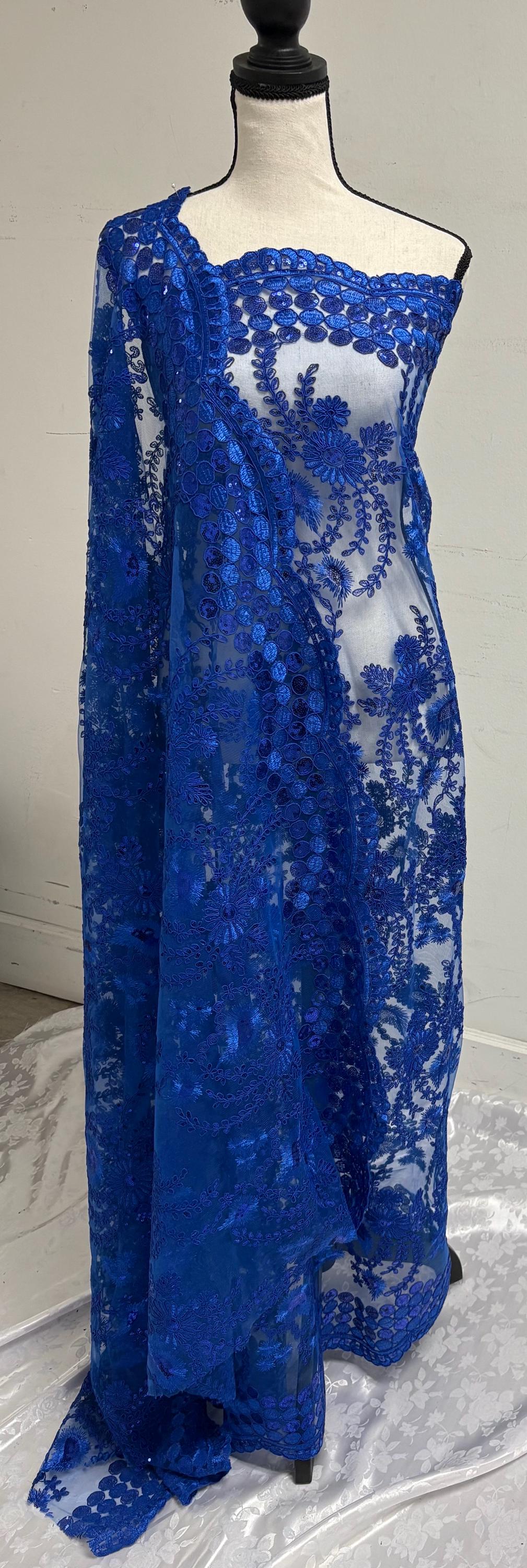 A cut 3-yard Royal color lace fabric design Lexie, Double scalloped sequence embroidery width 49/50"