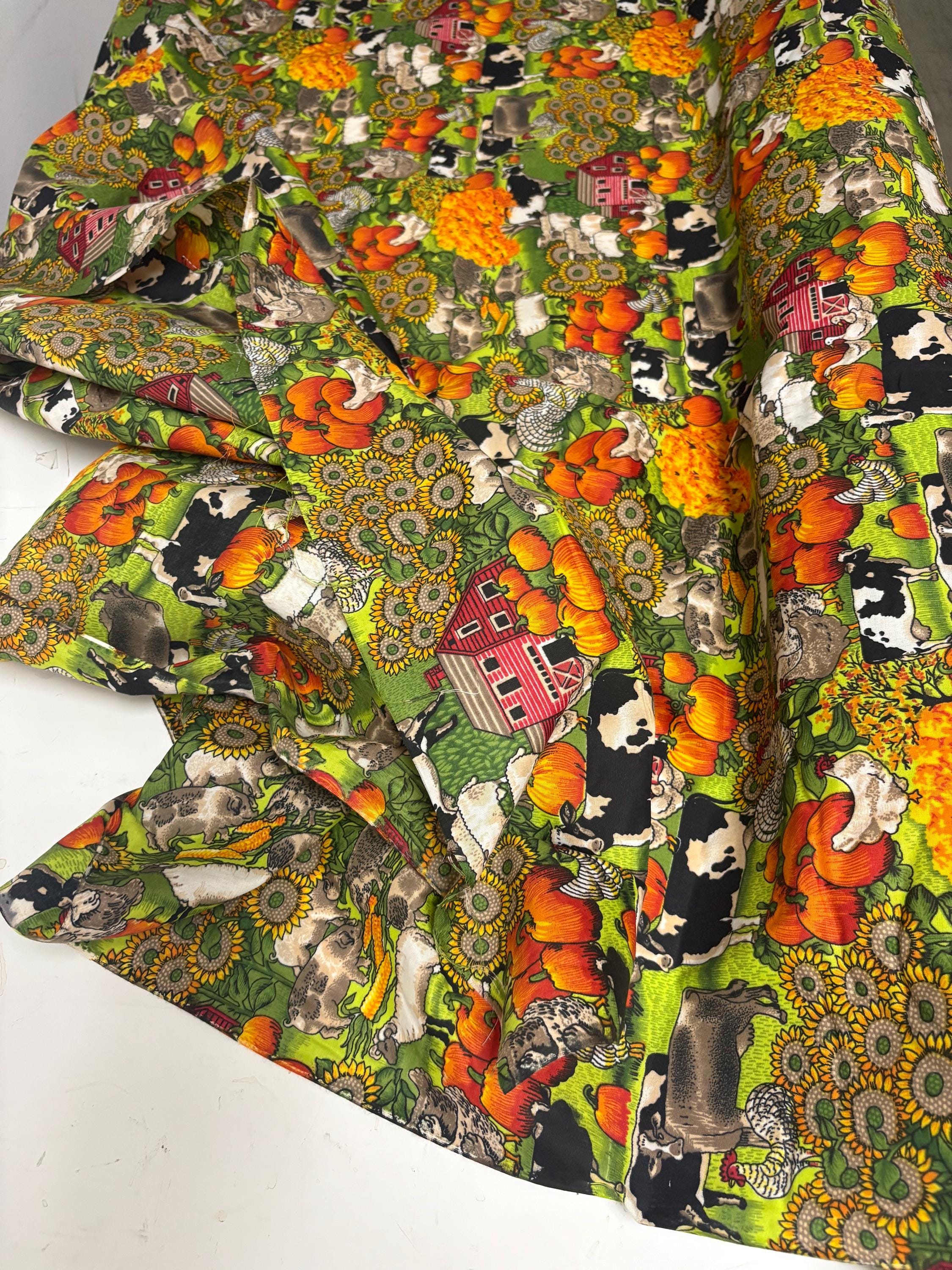 A 2 yard cut Farm print fabric, width 58/60" polyester fabric, shirt weight. kids crafts, home decor, costume.