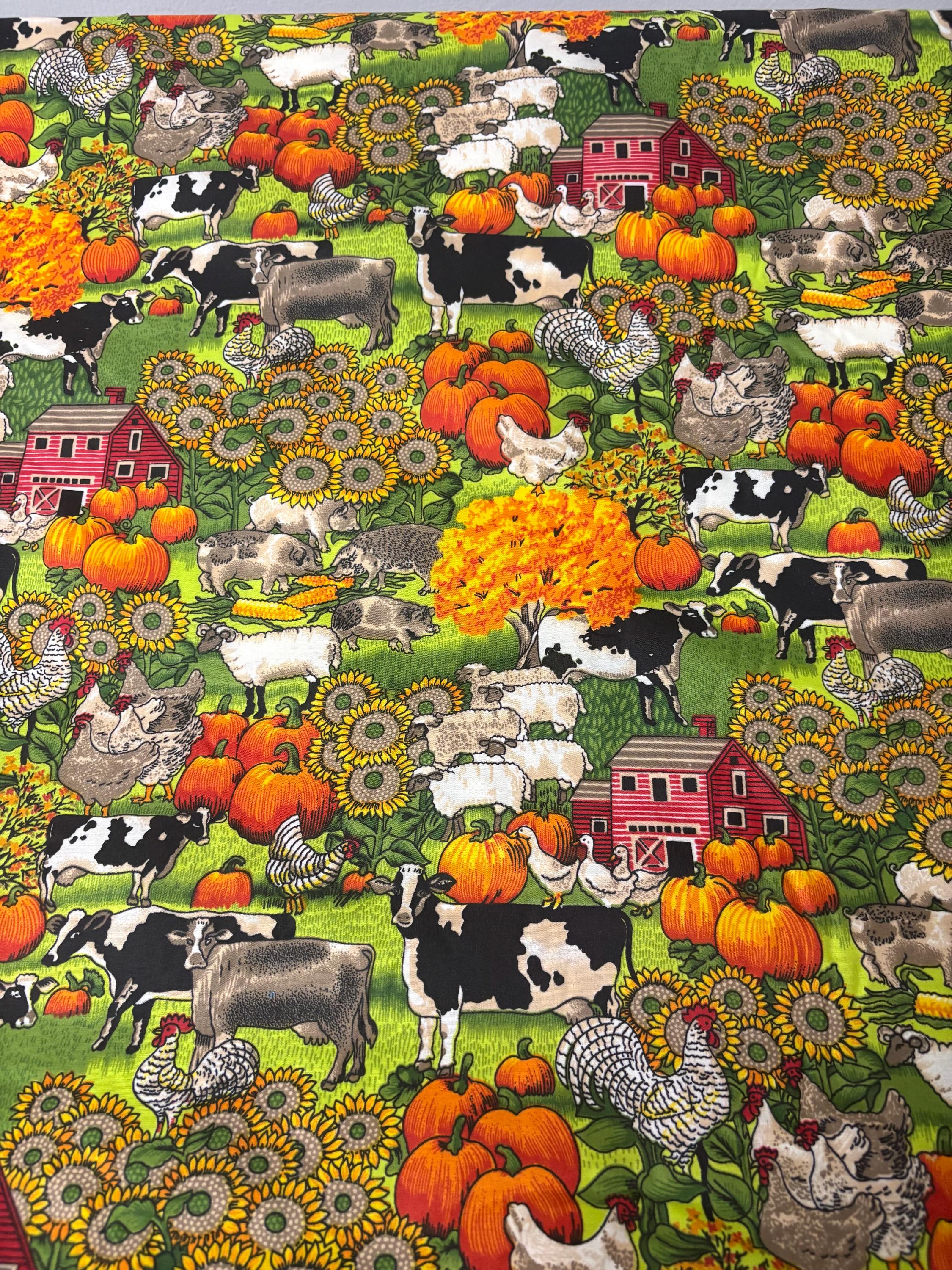 A 2 yard cut Farm print fabric, width 58/60" polyester fabric, shirt weight. kids crafts, home decor, costume.