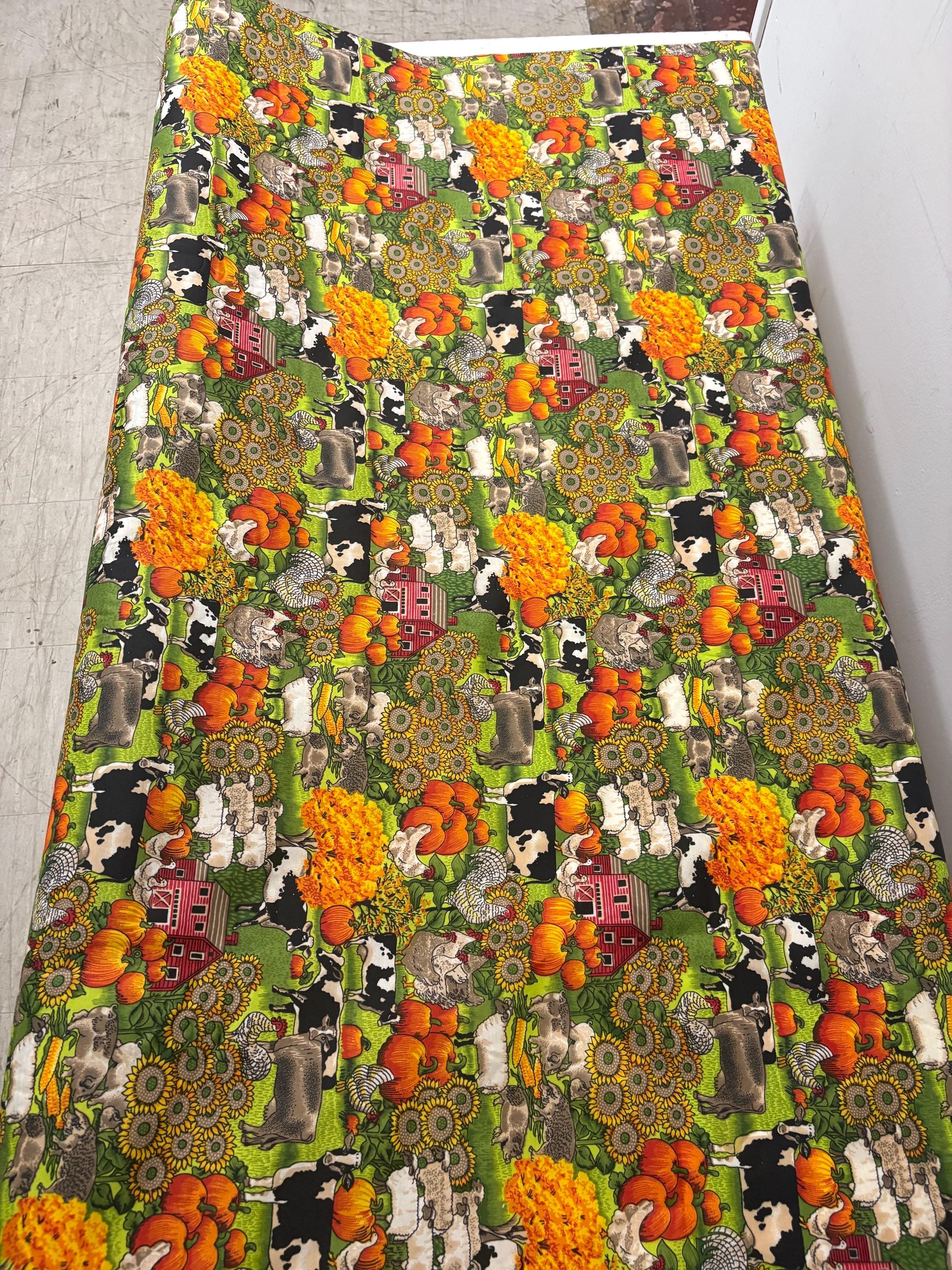 A 2 yard cut Farm print fabric, width 58/60" polyester fabric, shirt weight. kids crafts, home decor, costume.