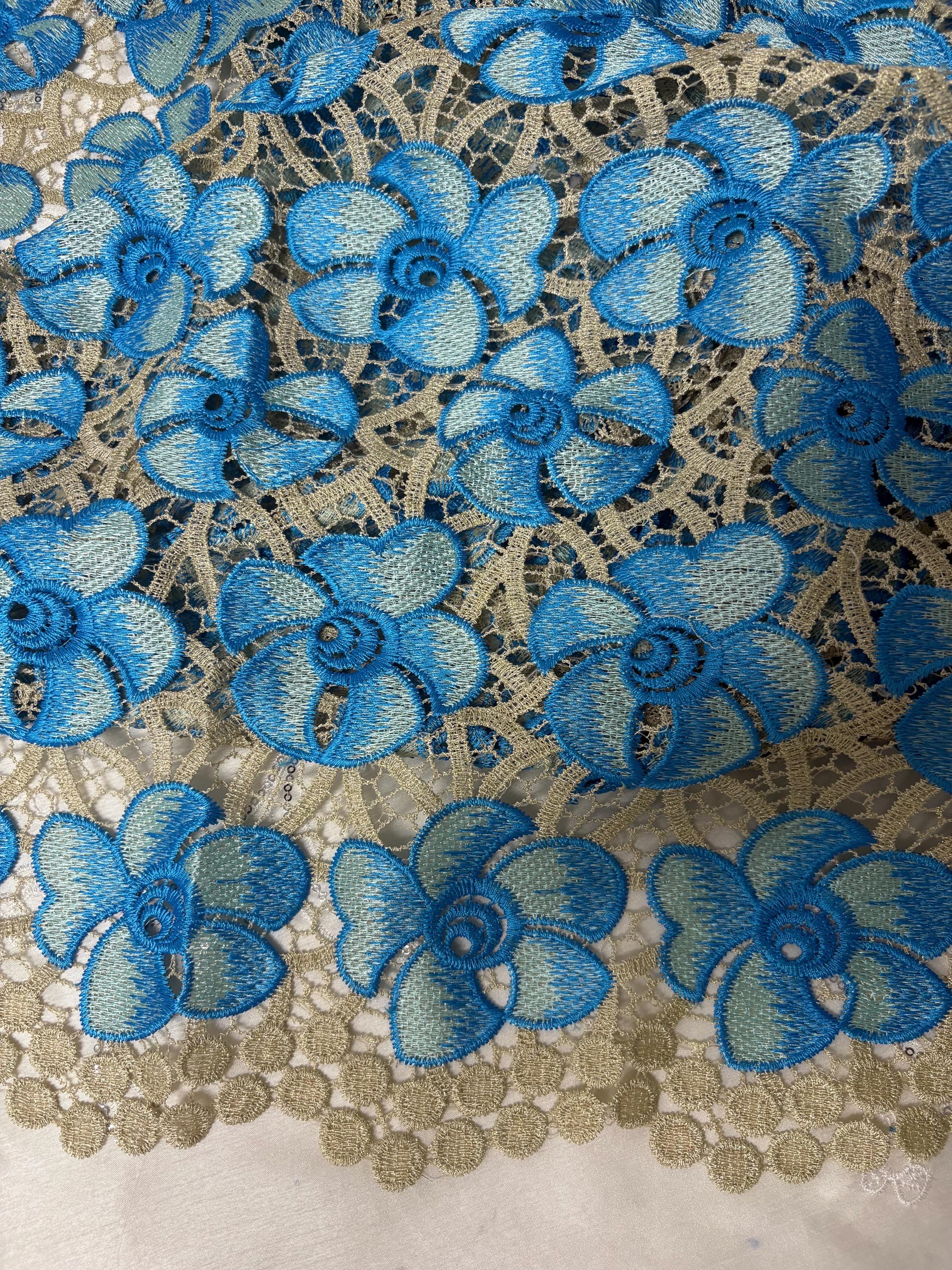 Guipure Lace Floral Embroidery Lace, width 49/50" sell by 1 yard increment. color Blue/light gold base. cut in continuous piece.