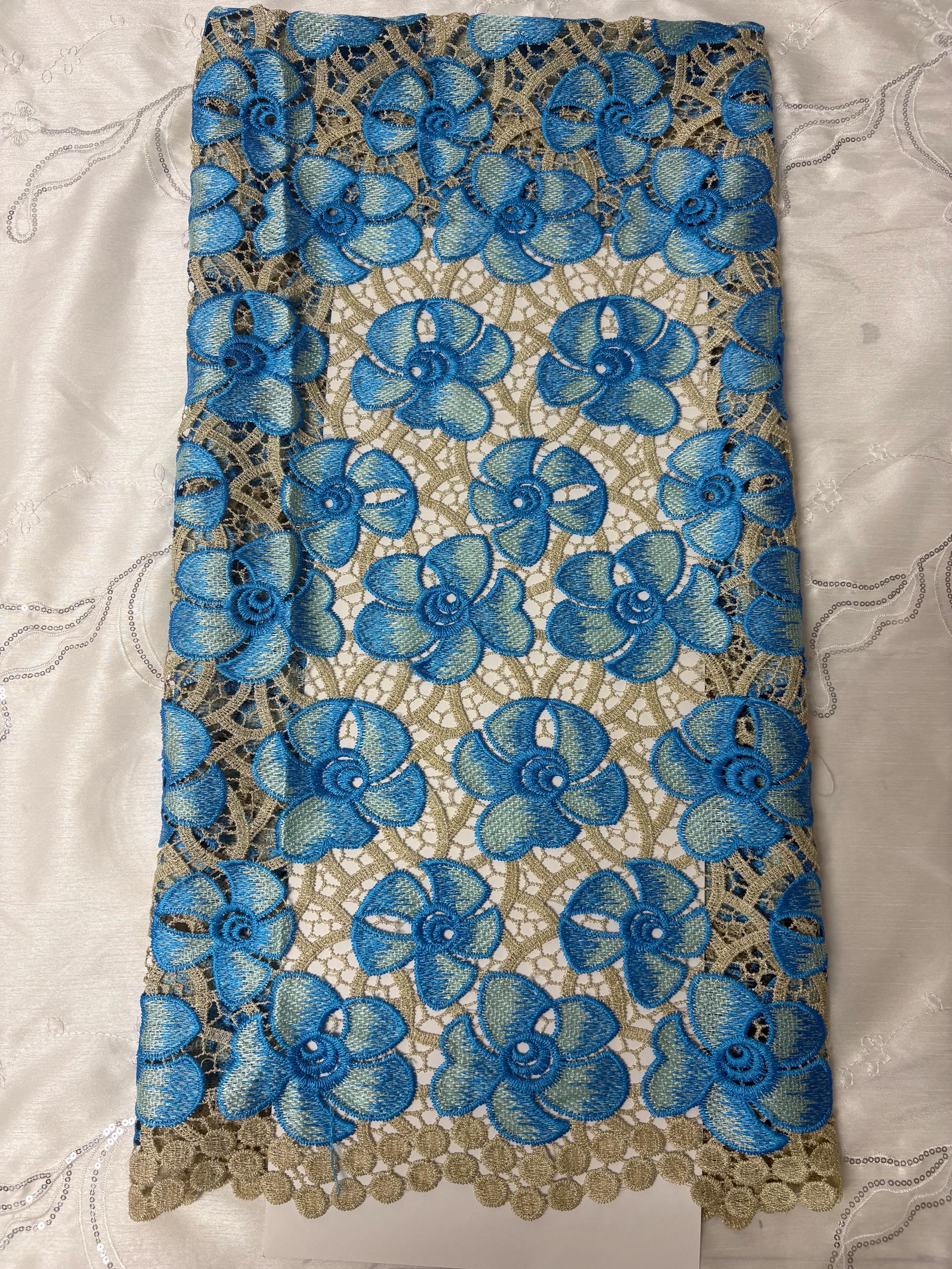 Guipure Lace Floral Embroidery Lace, width 49/50" sell by 1 yard increment. color Blue/light gold base. cut in continuous piece.