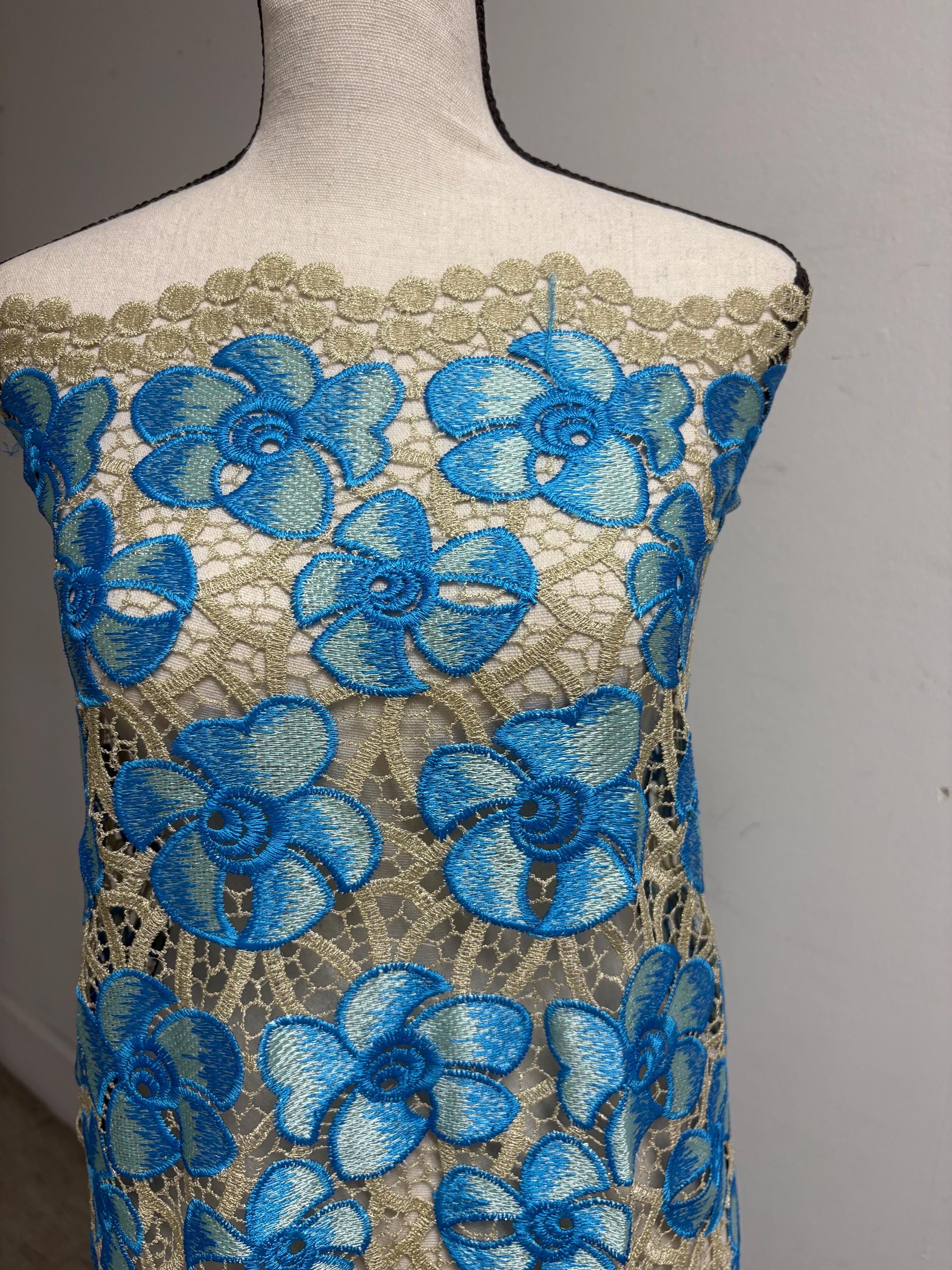 Guipure Lace Floral Embroidery Lace, width 49/50" sell by 1 yard increment. color Blue/light gold base. cut in continuous piece.