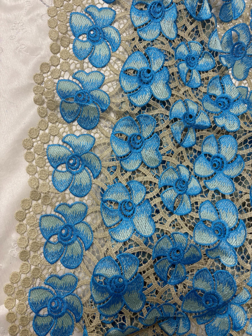 Guipure Lace Floral Embroidery Lace, width 49/50" sell by 1 yard increment. color Blue/light gold base. cut in continuous piece.