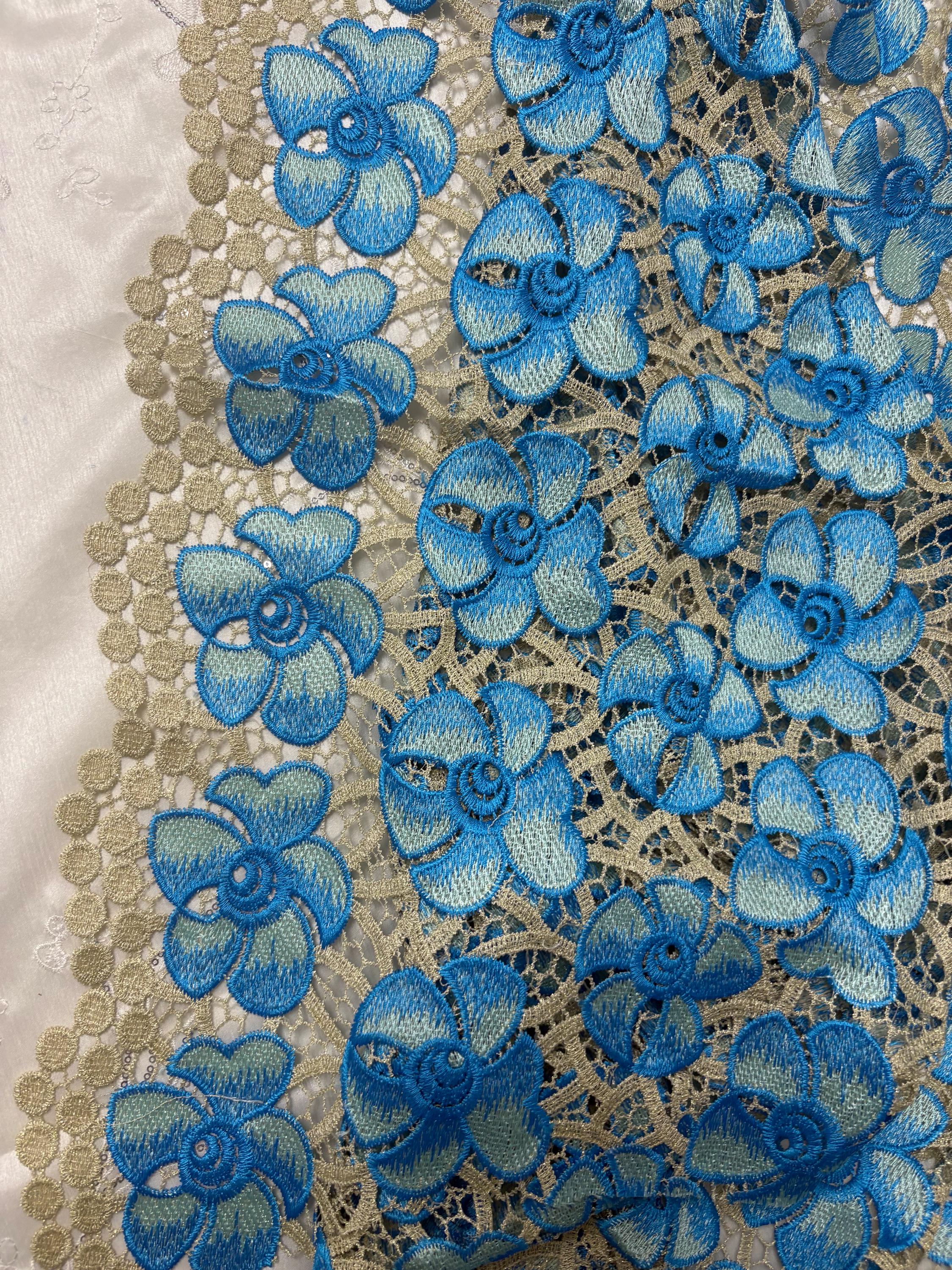 Guipure Lace Floral Embroidery Lace, width 49/50" sell by 1 yard increment. color Blue/light gold base. cut in continuous piece.