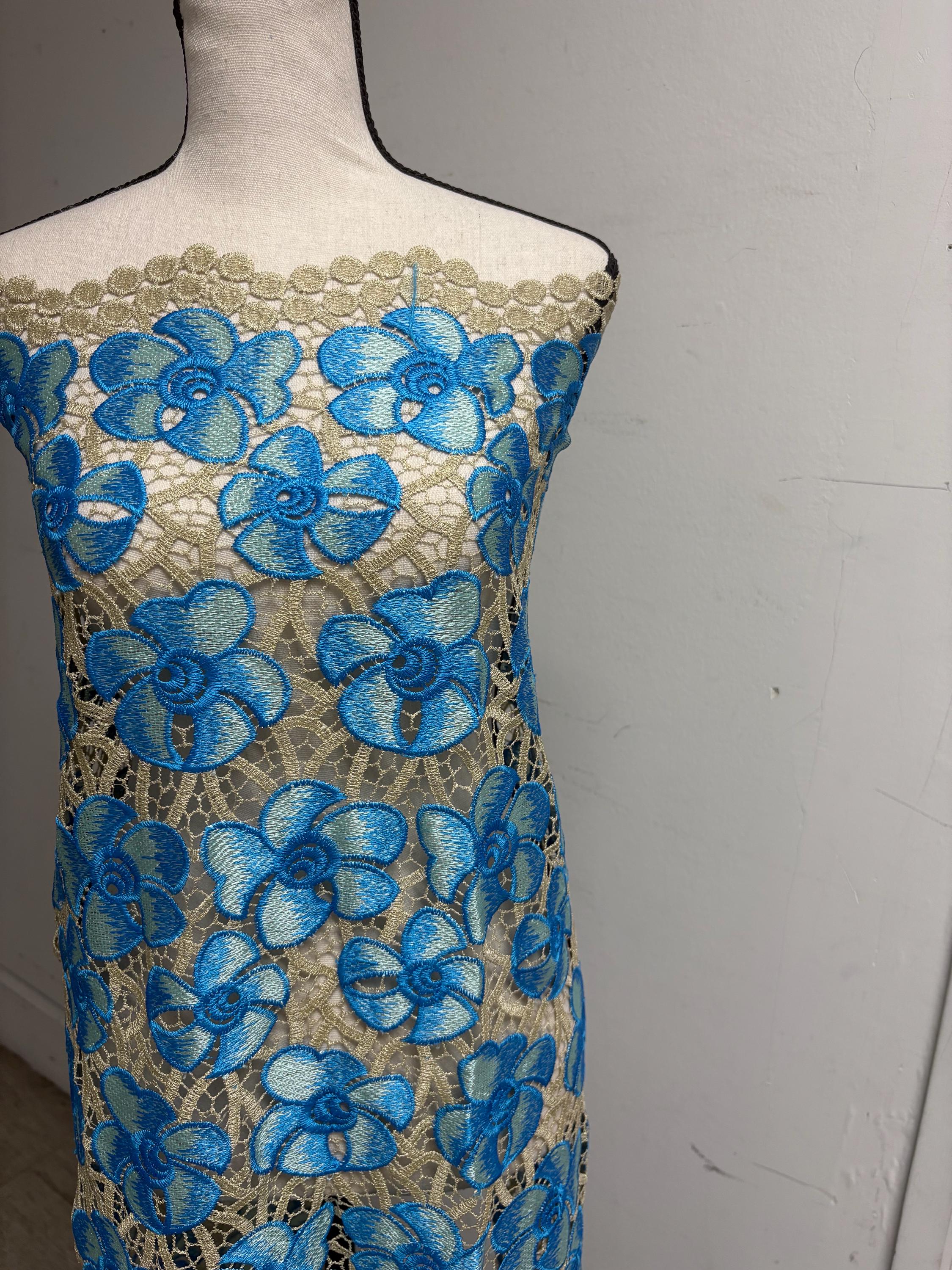 Guipure Lace Floral Embroidery Lace, width 49/50" sell by 1 yard increment. color Blue/light gold base. cut in continuous piece.
