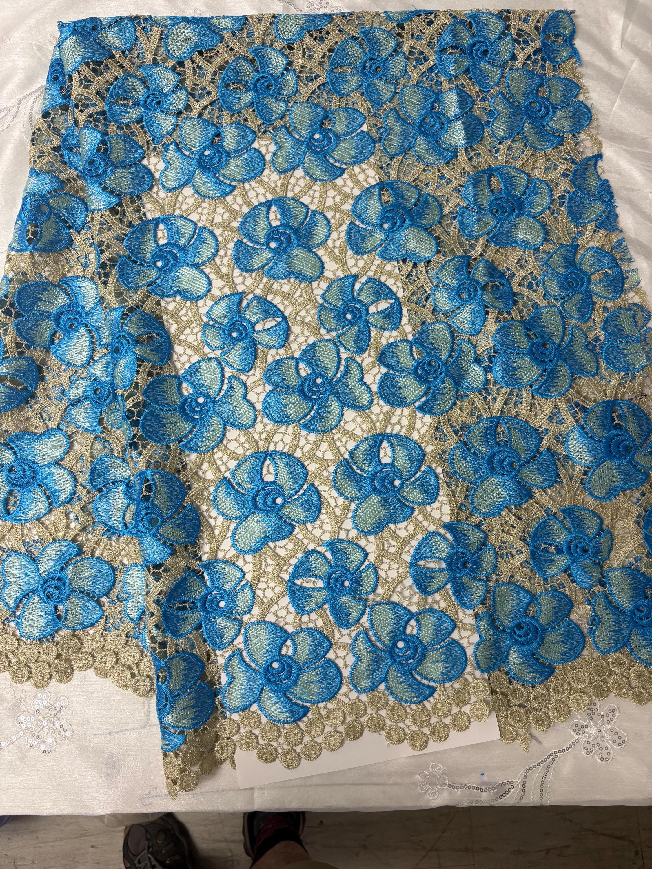Guipure Lace Floral Embroidery Lace, width 49/50" sell by 1 yard increment. color Blue/light gold base. cut in continuous piece.