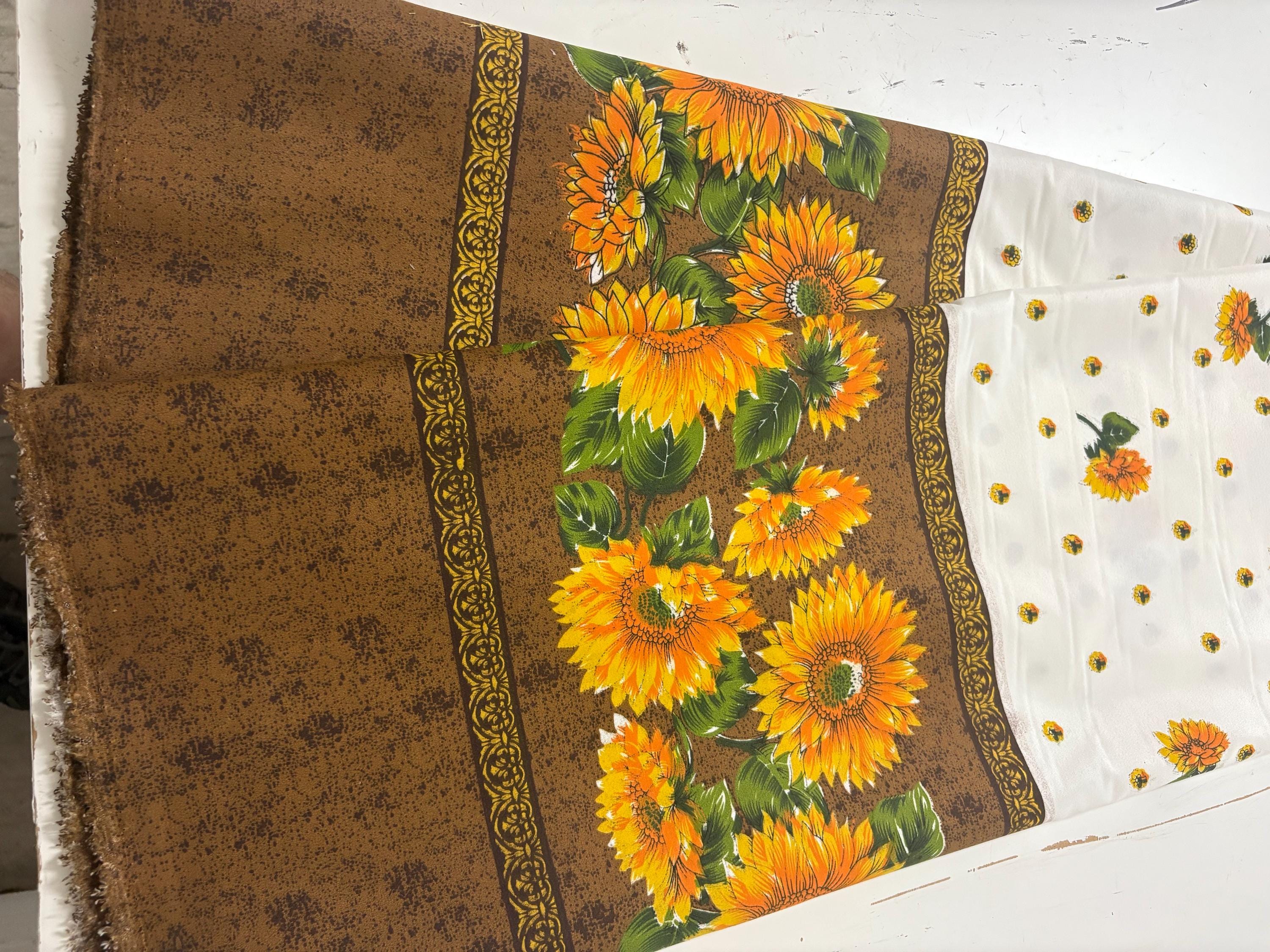 A 2 yard cut sunflower print fabric, width 58/60" polyester. shirt weight. sold by 2 yards and cut continuous. Craft, Kitchen drapery.