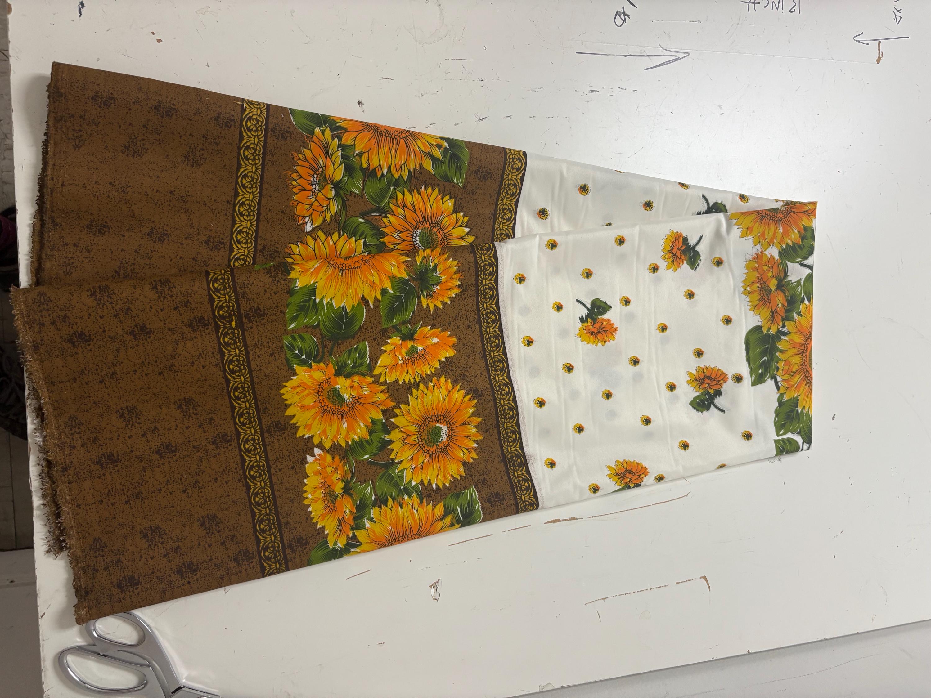 A 2 yard cut sunflower print fabric, width 58/60" polyester. shirt weight. sold by 2 yards and cut continuous. Craft, Kitchen drapery.