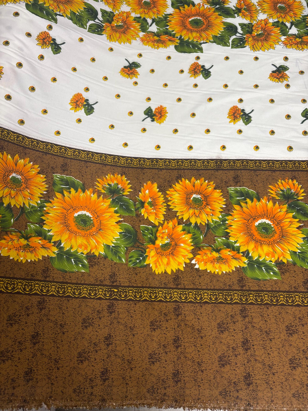 A 2 yard cut sunflower print fabric, width 58/60" polyester. shirt weight. sold by 2 yards and cut continuous. Craft, Kitchen drapery.