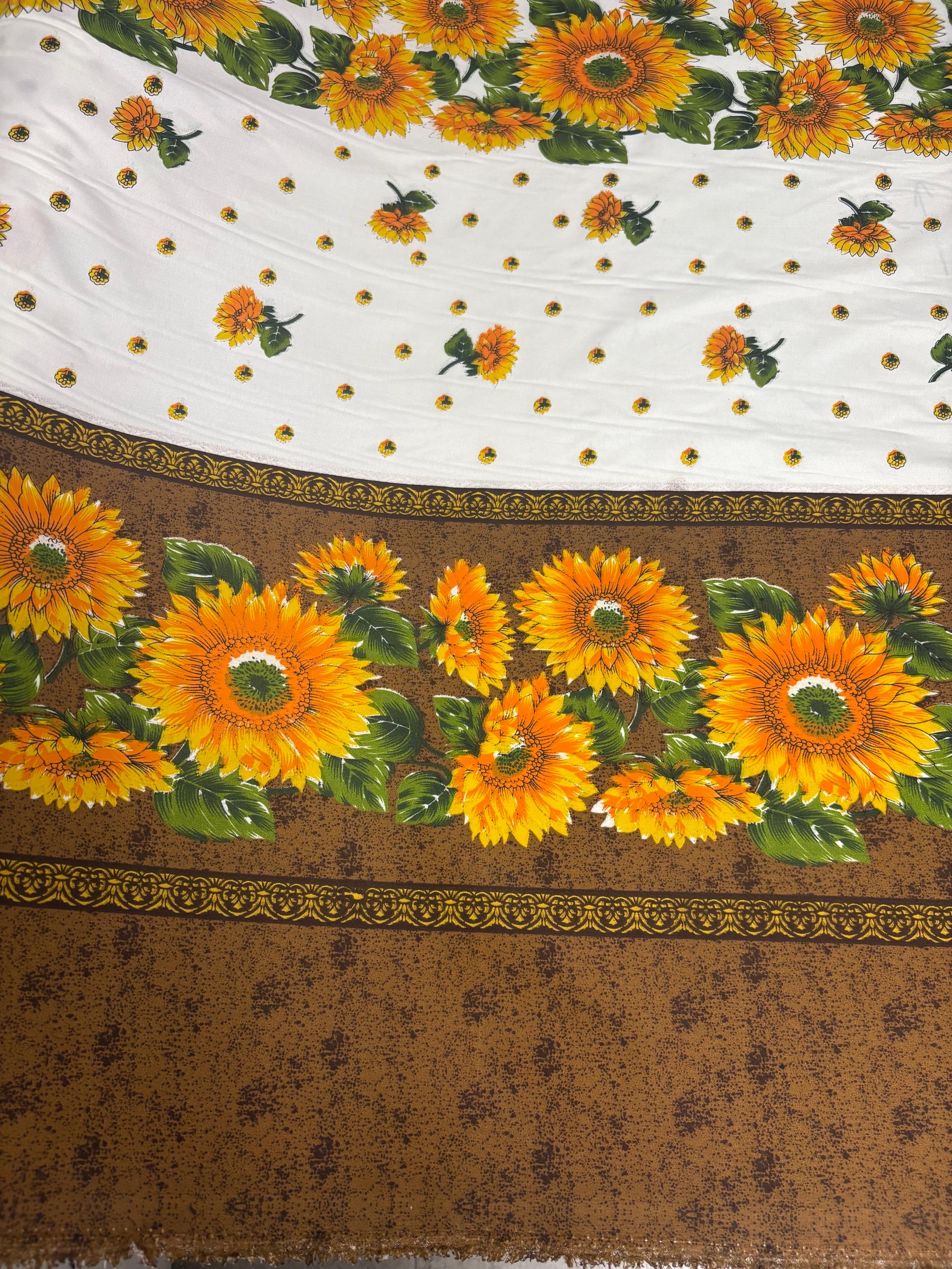 A 2 yard cut sunflower print fabric, width 58/60" polyester. shirt weight. sold by 2 yards and cut continuous. Craft, Kitchen drapery.