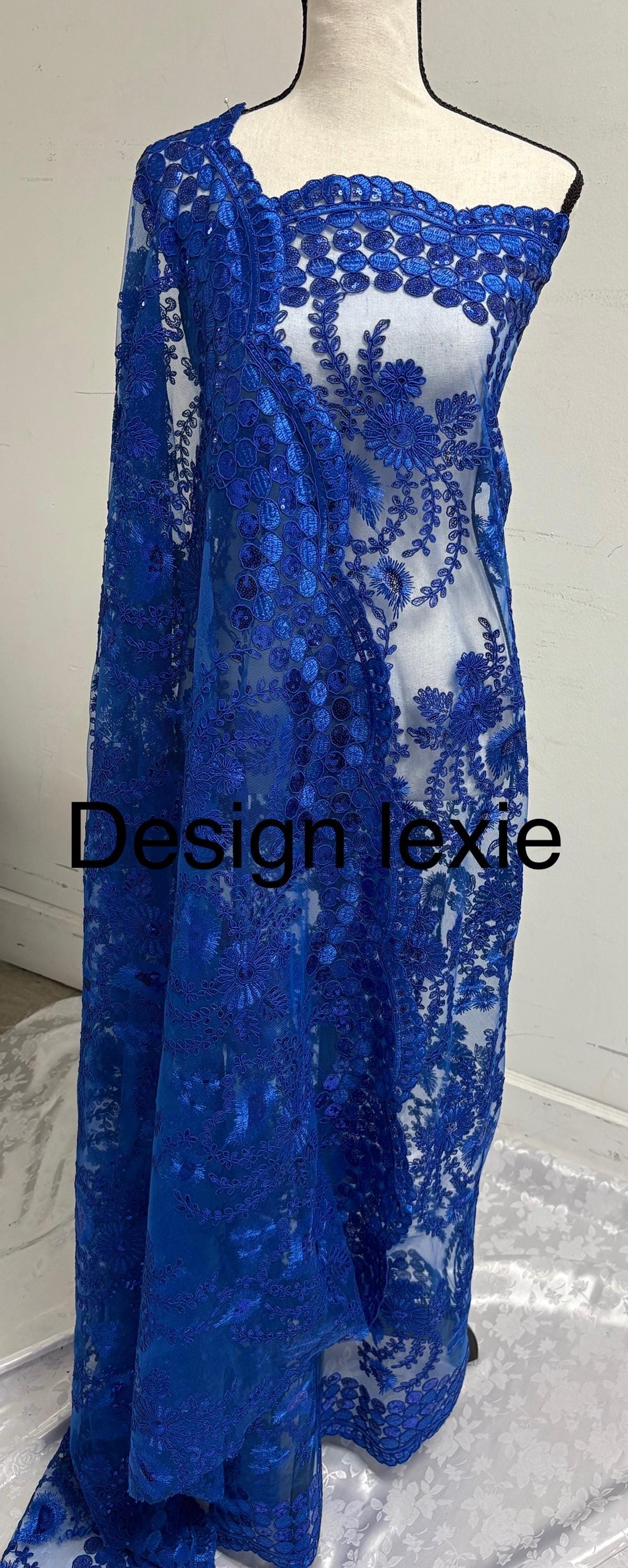 A cut 3-yard Royal color lace fabric design Lexie, Double scalloped sequence embroidery width 49/50"