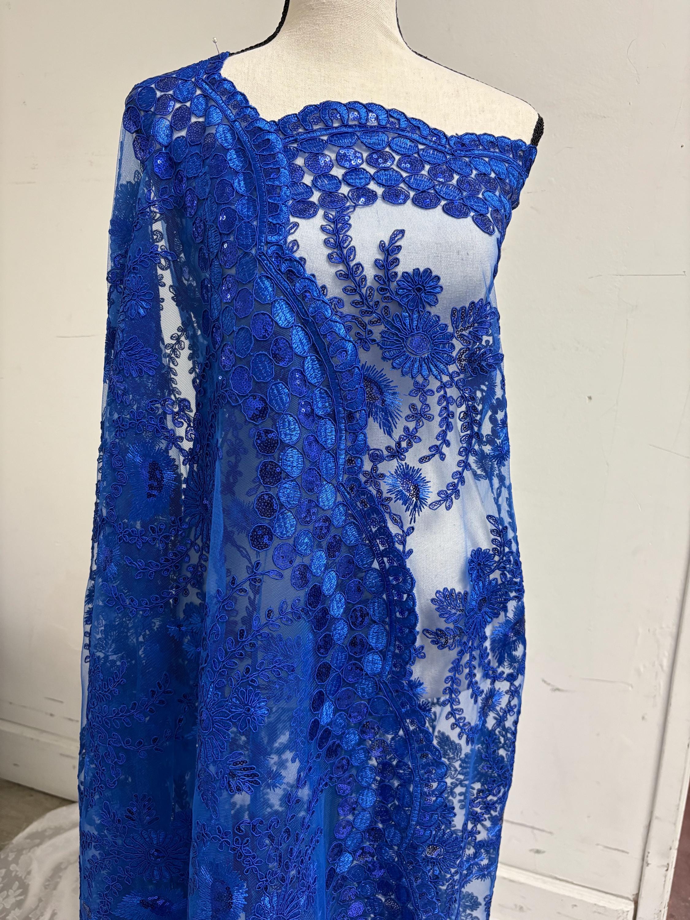 A cut 3-yard Royal color lace fabric design Lexie, Double scalloped sequence embroidery width 49/50"