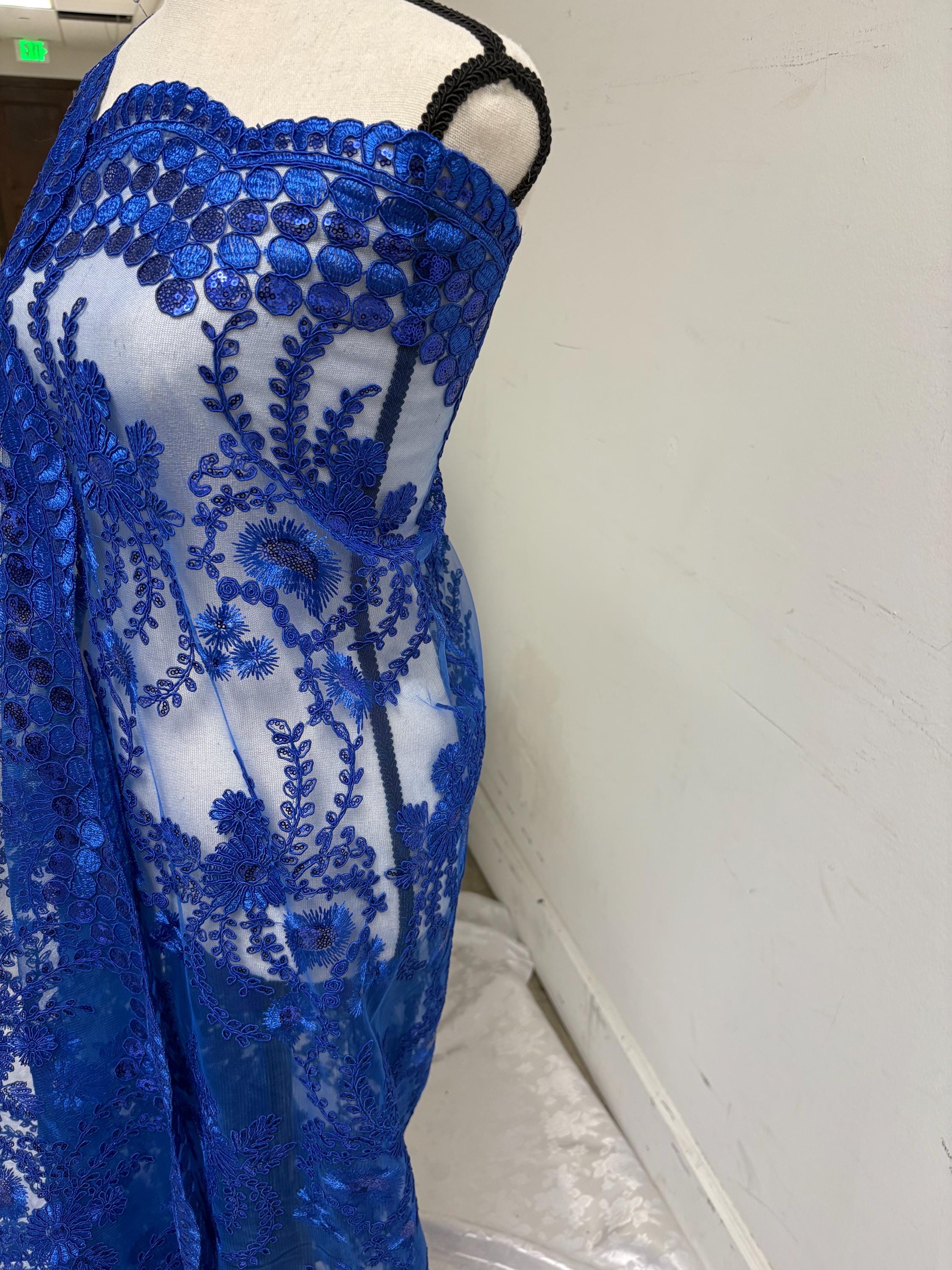 A cut 3-yard Royal color lace fabric design Lexie, Double scalloped sequence embroidery width 49/50"