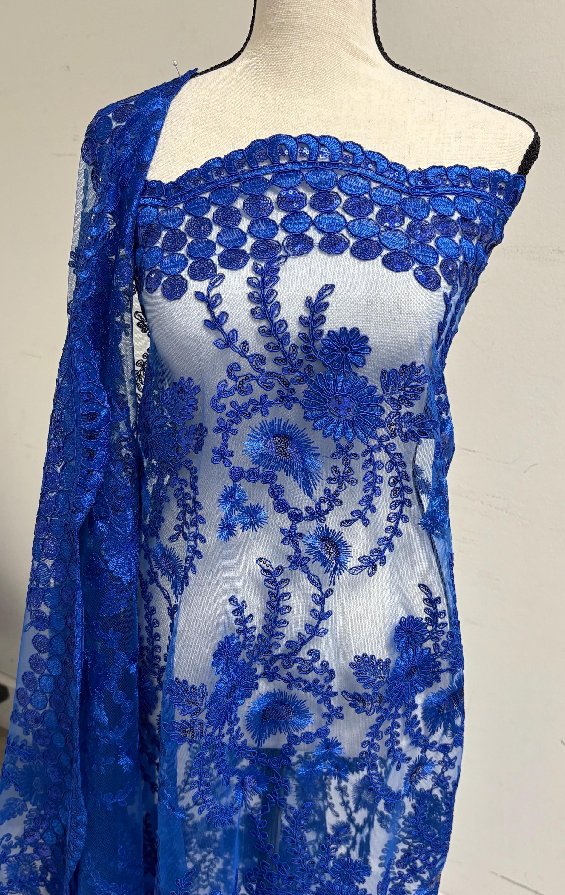 A cut 3-yard Royal color lace fabric design Lexie, Double scalloped sequence embroidery width 49/50"