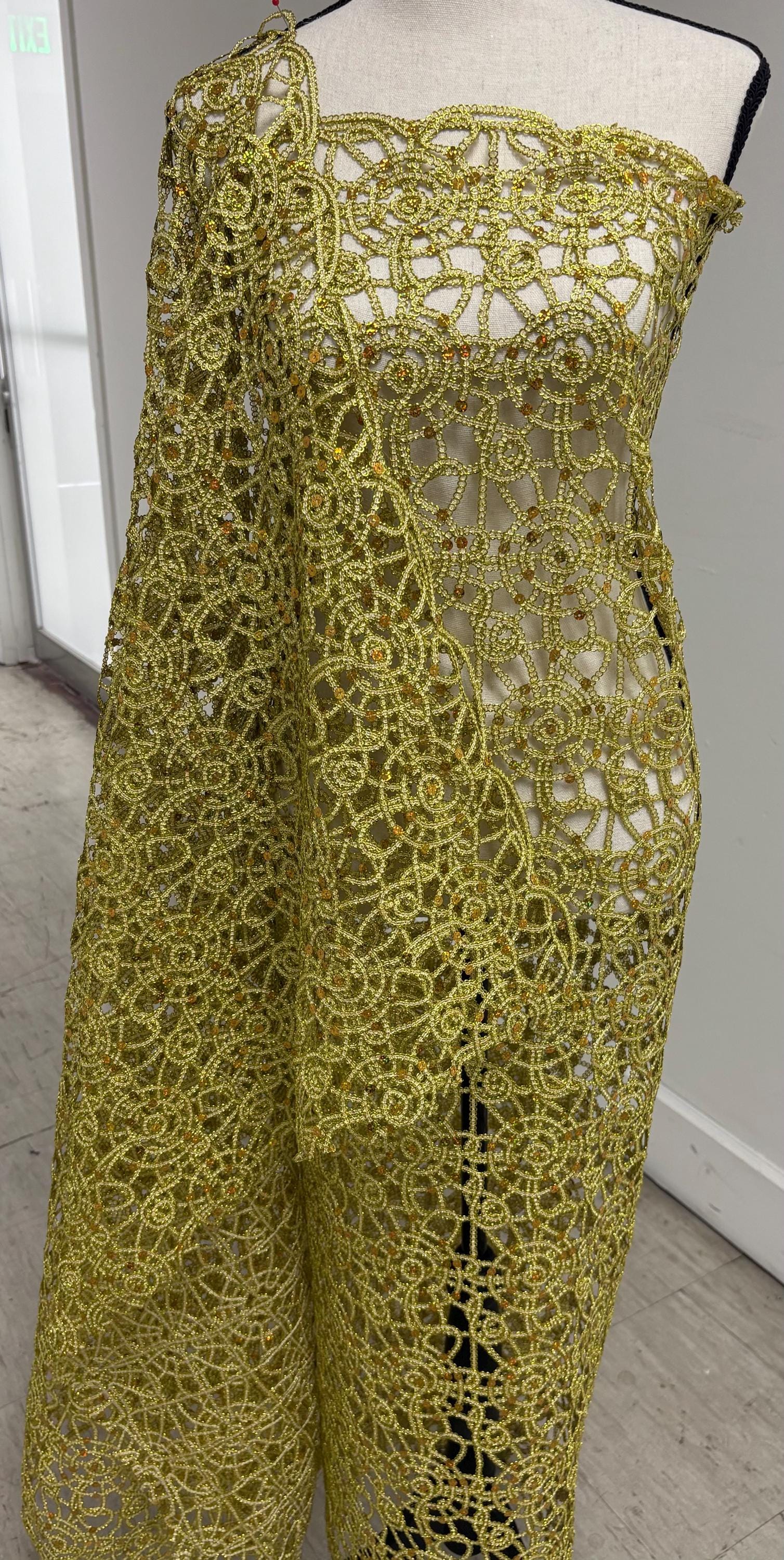 Gold color lace fabrics design Metallic spider Knit, Sequins embroidery double scalloped. Width 49/50"
