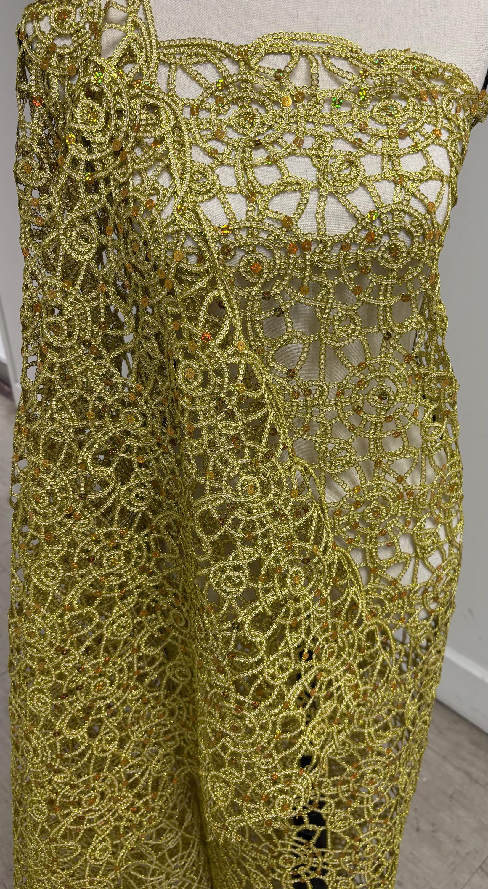 Gold color lace fabrics design Metallic spider Knit, Sequins embroidery double scalloped. Width 49/50"