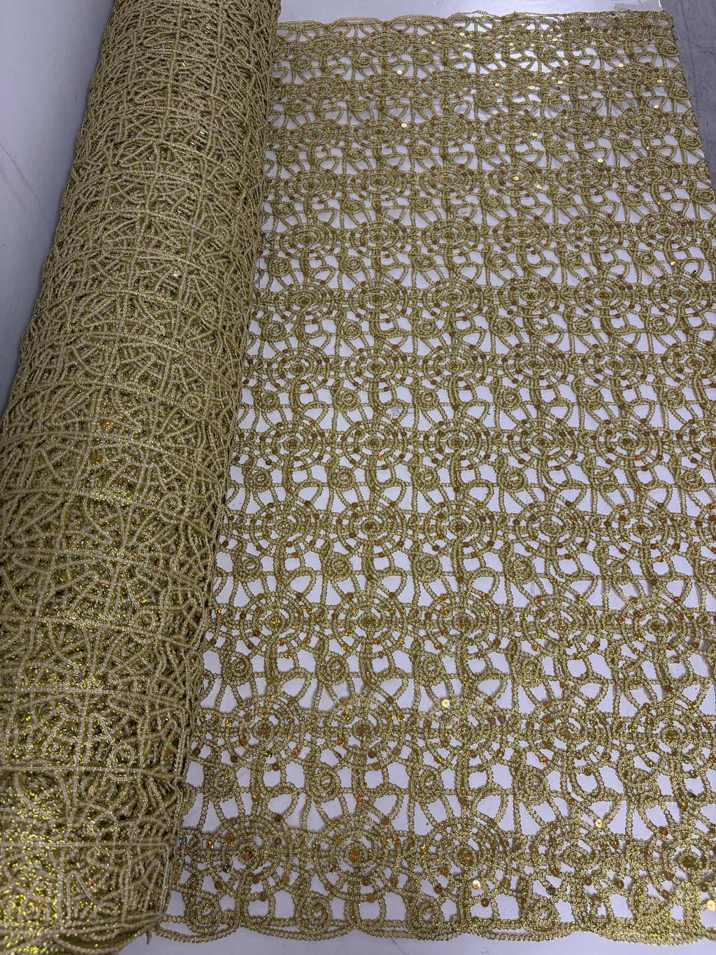 Gold color lace fabrics design Metallic spider Knit, Sequins embroidery double scalloped. Width 49/50"